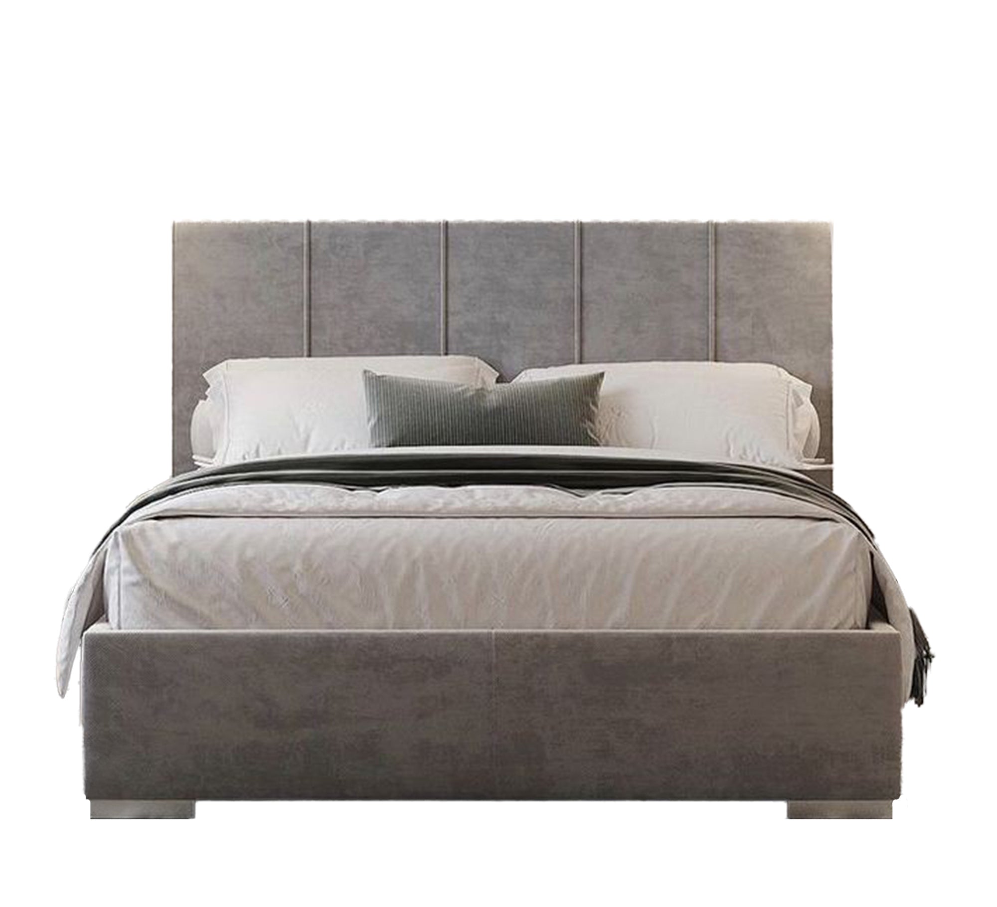 Grey bed with striped headboard and modern elegance - Vitrine Furniture - Furniture