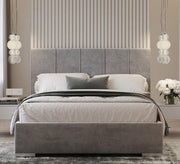 Grey bed with striped headboard and modern elegance - Vitrine Furniture - Furniture