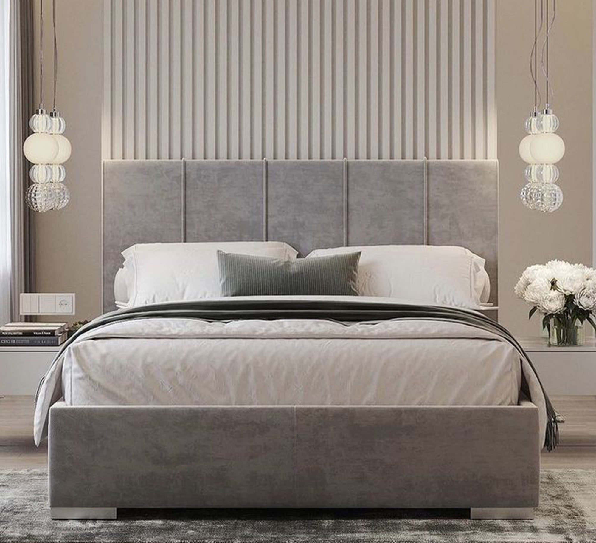 Grey bed with striped headboard and modern elegance - Vitrine Furniture - Furniture