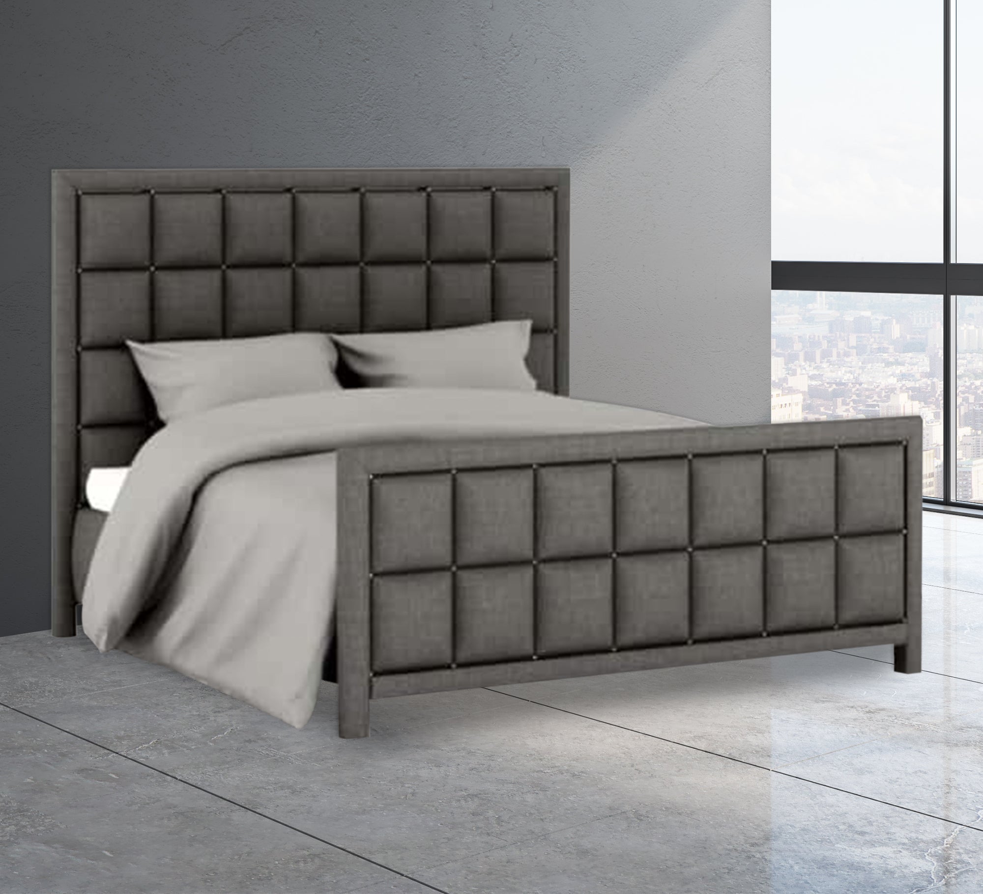 Grey capitone bed with a high headboard - Vitrine Furniture - Furniture