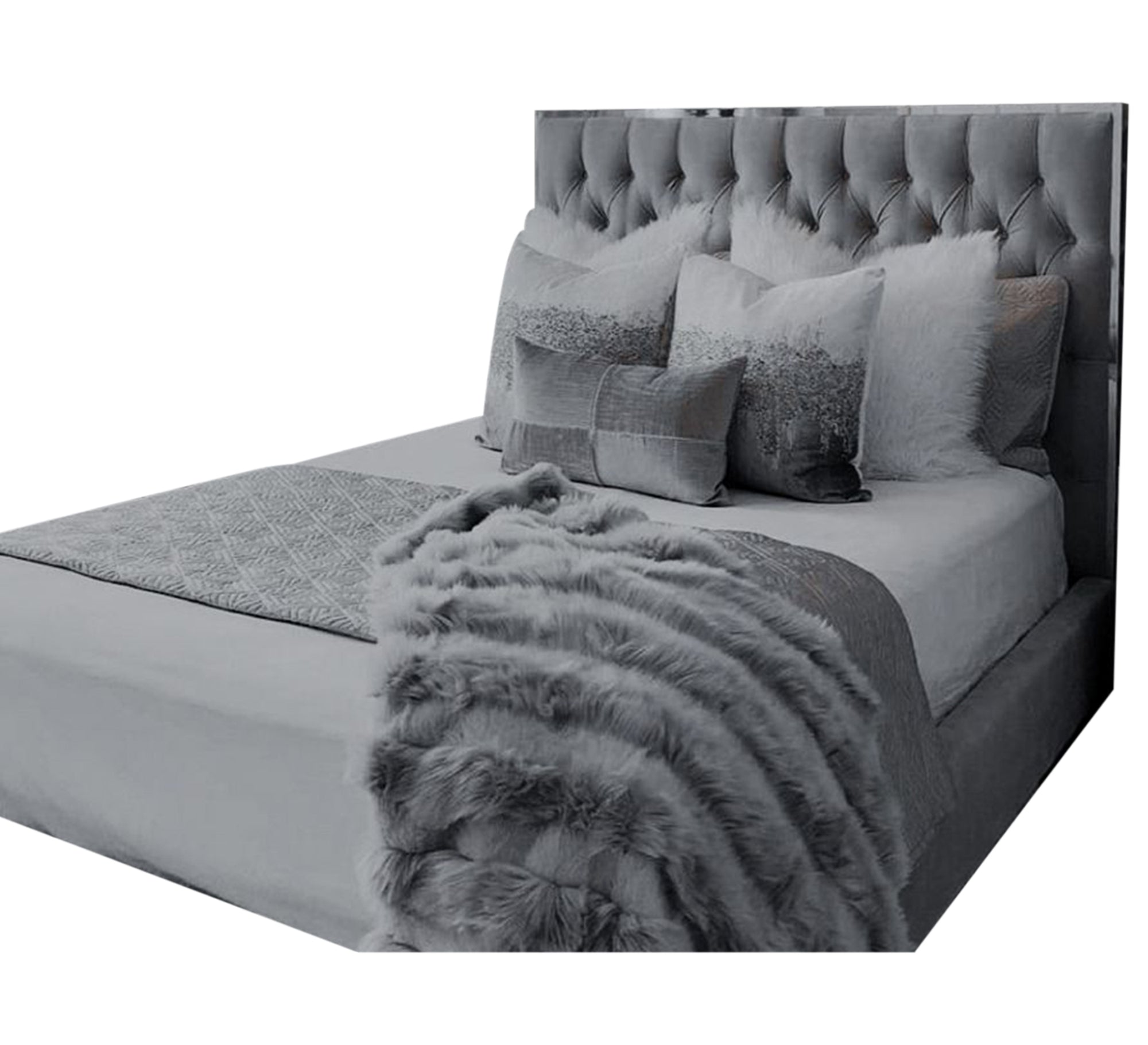 Grey capitone bed with silver edges - Vitrine Furniture - Furniture