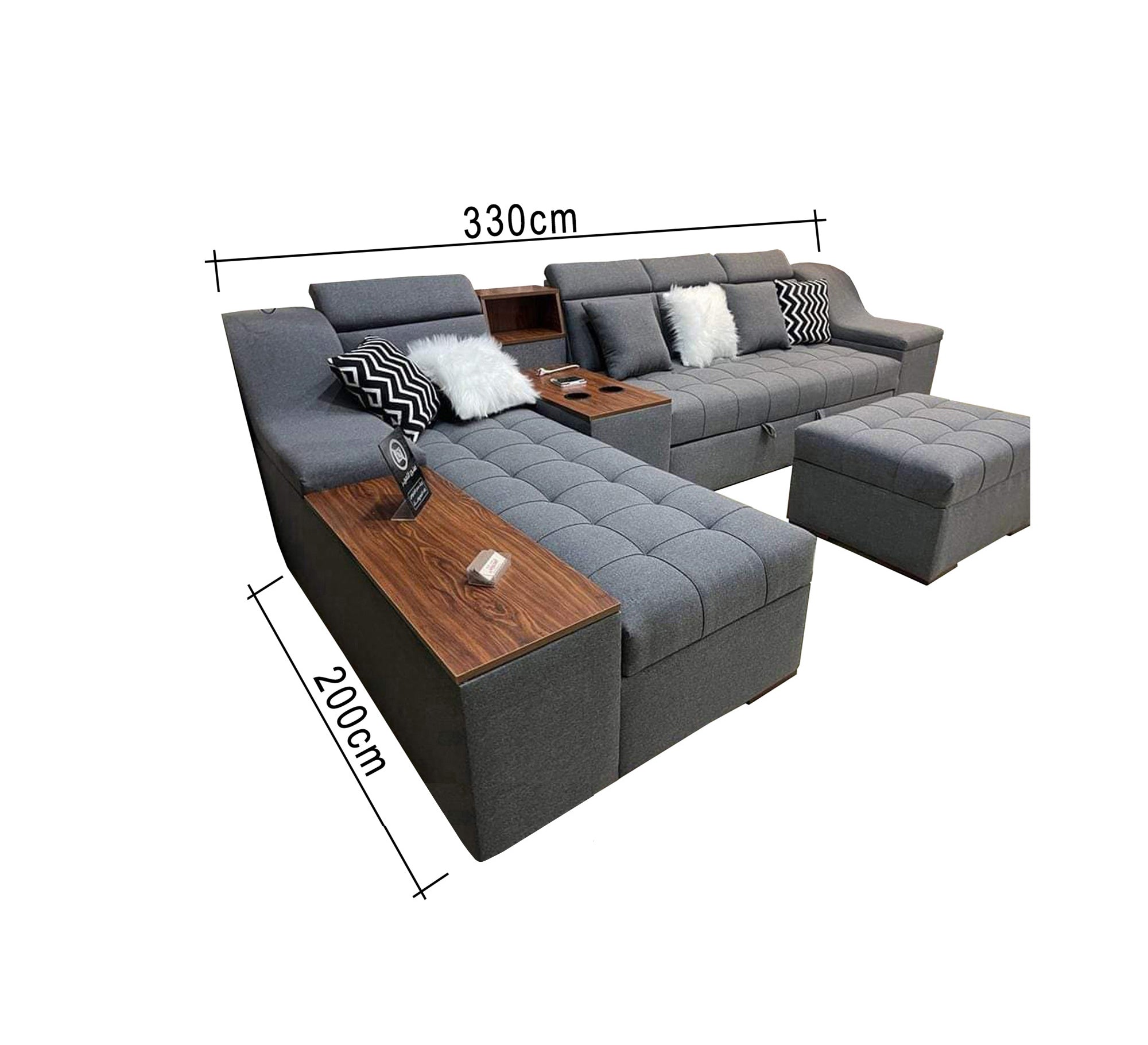 Grey Corner Sofa - Wooden Shelves, Movable Headrest - Vitrine Furniture - L - shape sofa set