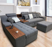 Grey Corner Sofa - Wooden Shelves, Movable Headrest - Vitrine Furniture - L - shape sofa set