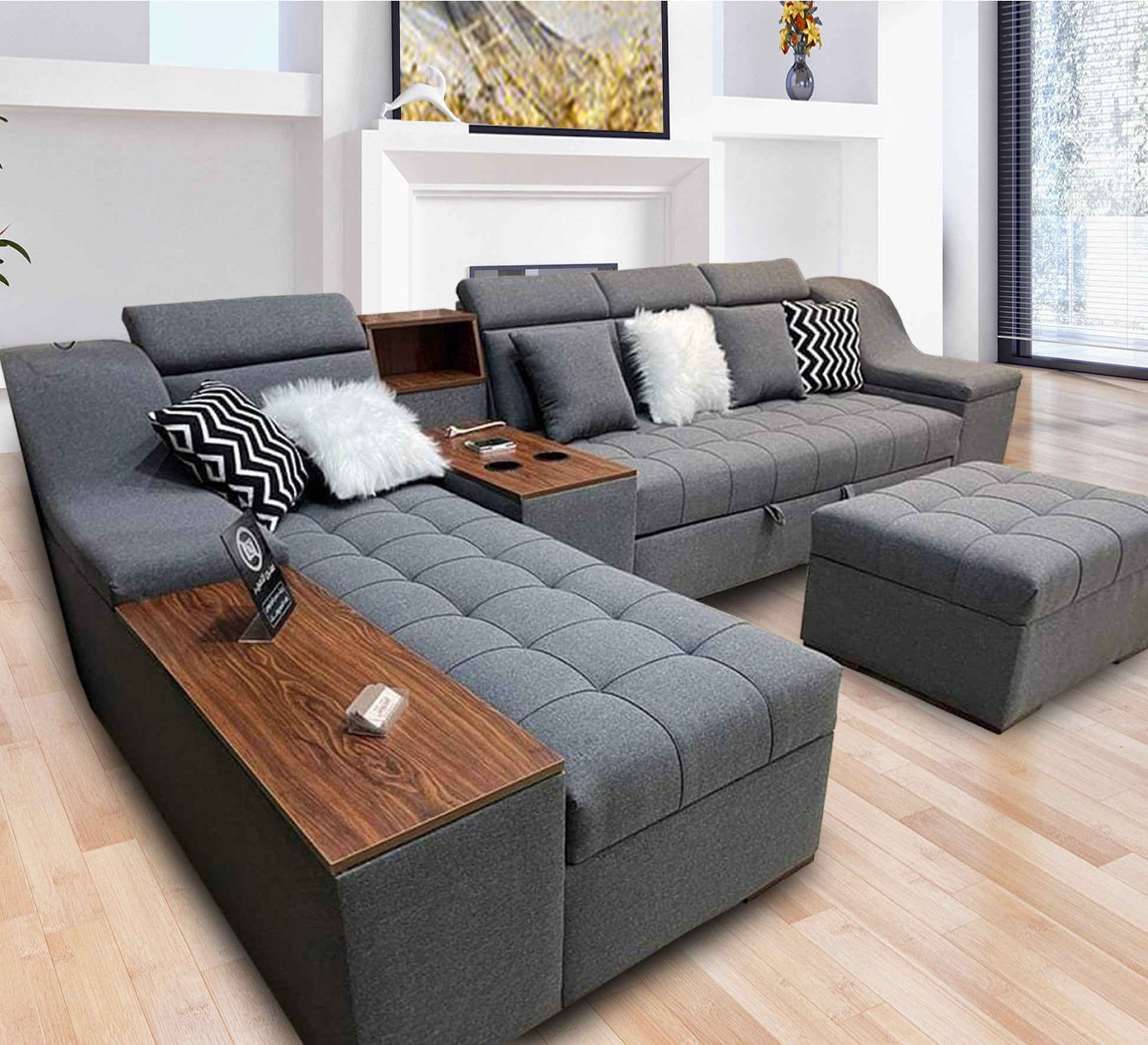 Grey Corner Sofa - Wooden Shelves, Movable Headrest - Vitrine Furniture - L - shape sofa set