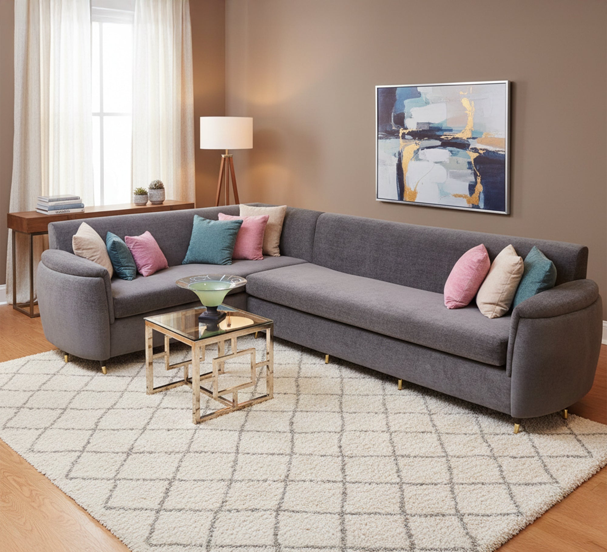 Grey living room corner - Vitrine Furniture - L - shape sofa set