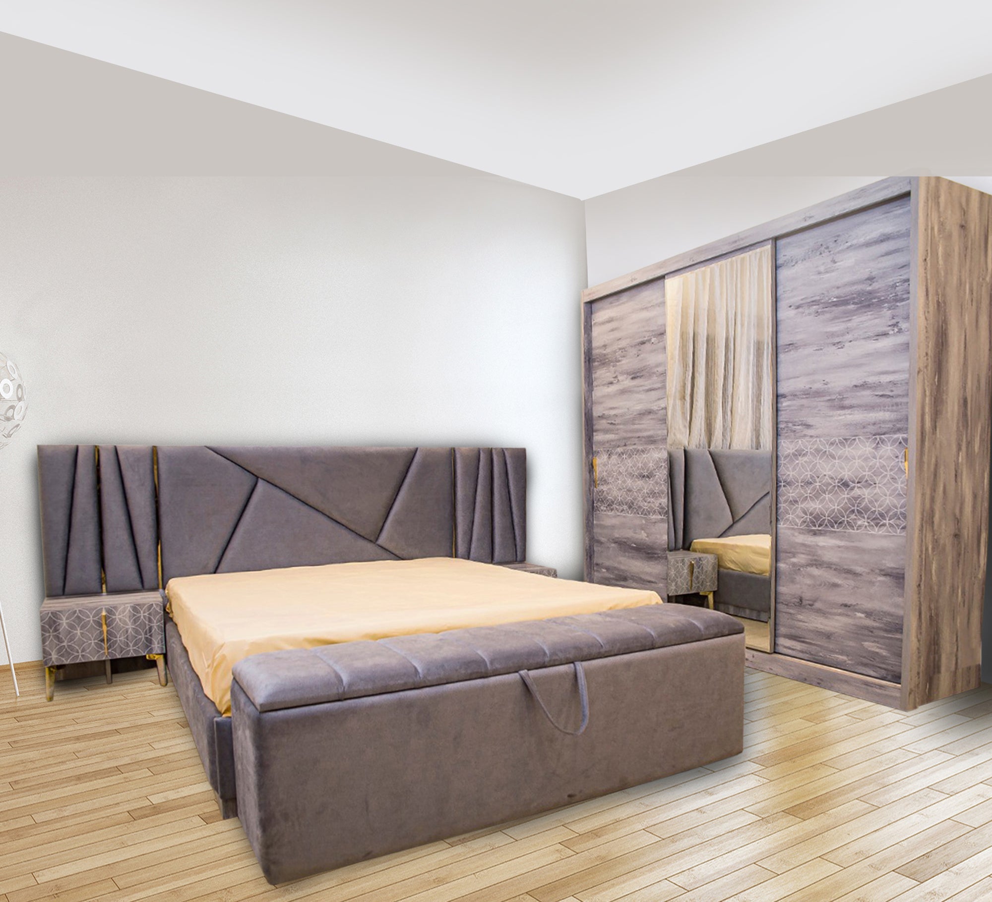 Grey paint and upholstery bedroom - Vitrine Furniture - Bed Sets