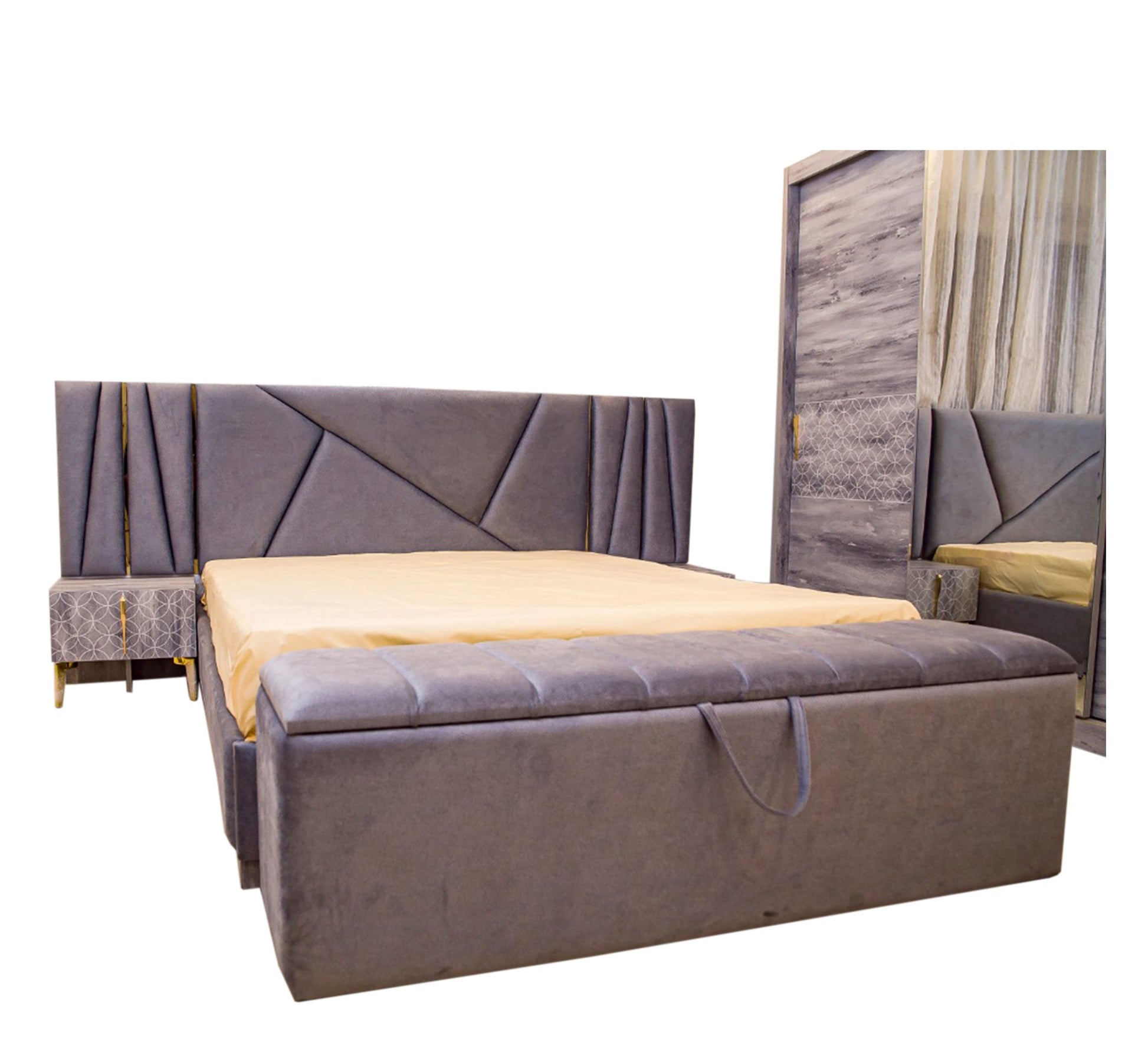 Grey paint and upholstery bedroom - Vitrine Furniture - Bed Sets