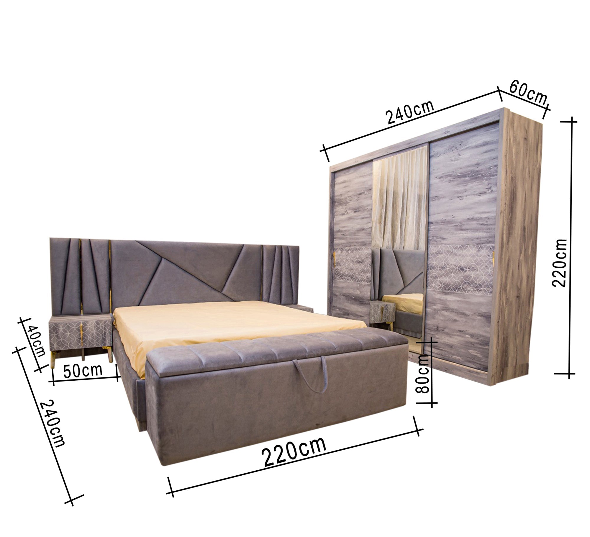 Grey paint and upholstery bedroom - Vitrine Furniture - Bed Sets