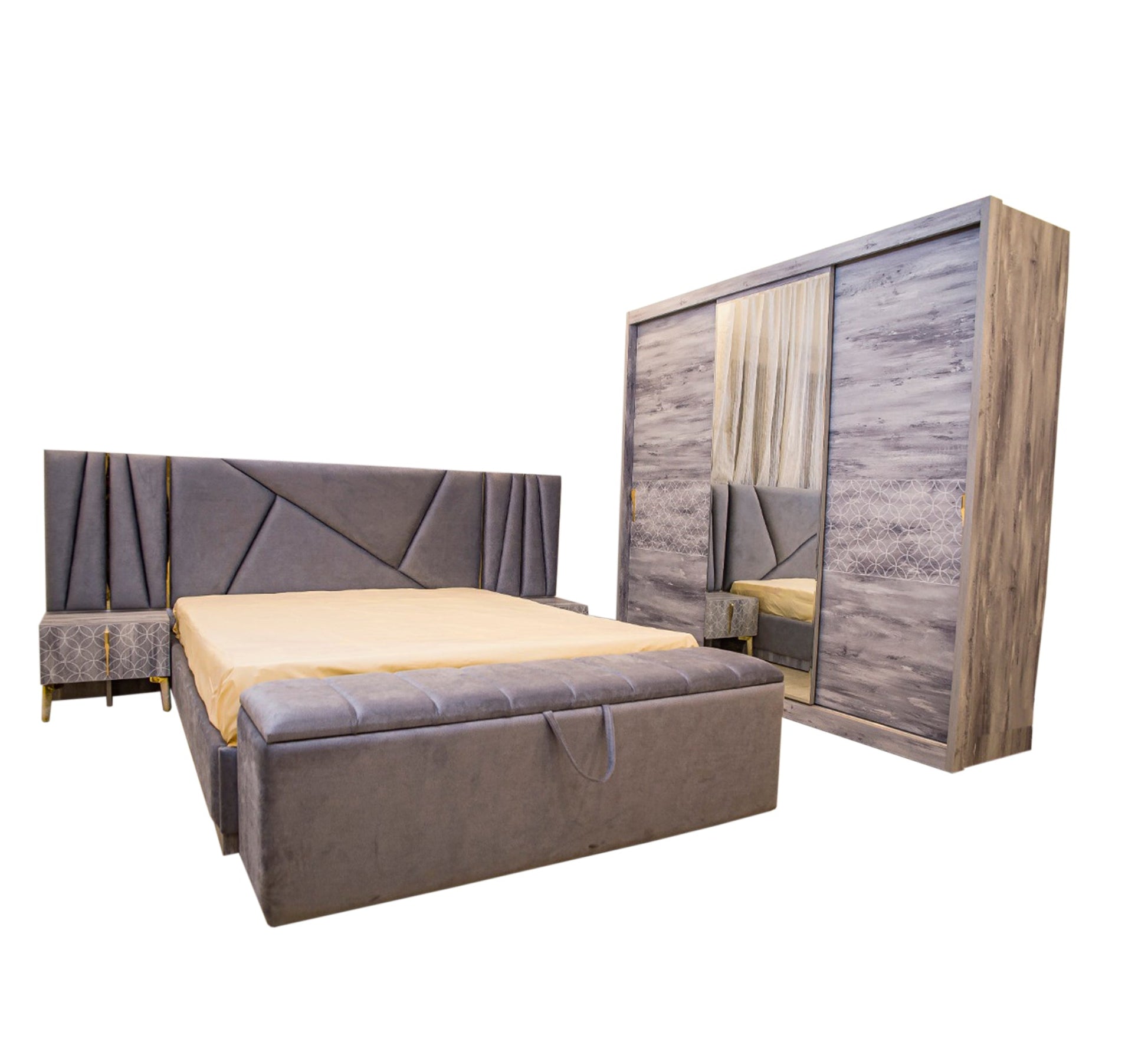 Grey paint and upholstery bedroom - Vitrine Furniture - Bed Sets