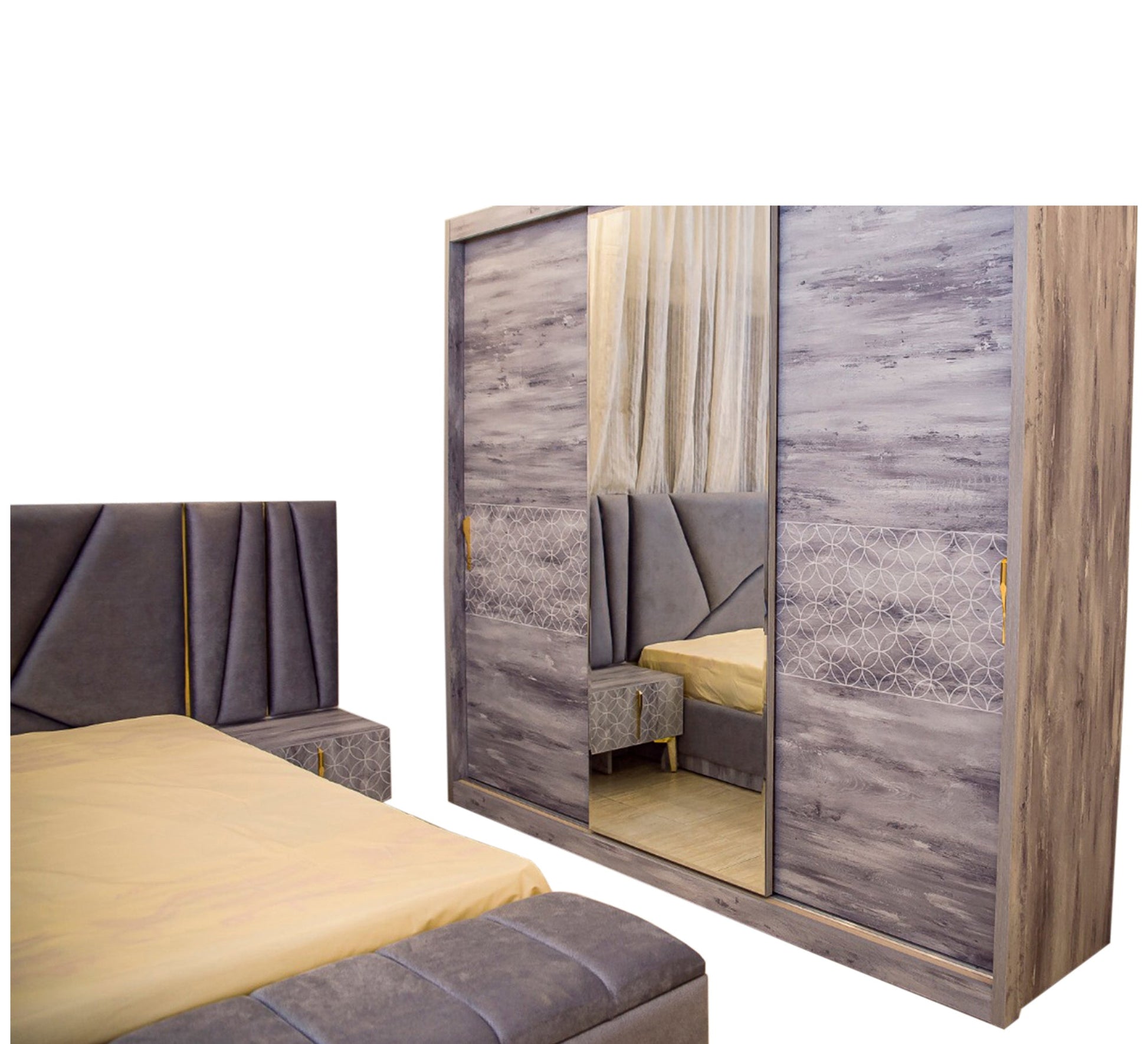 Grey paint and upholstery bedroom - Vitrine Furniture - Bed Sets