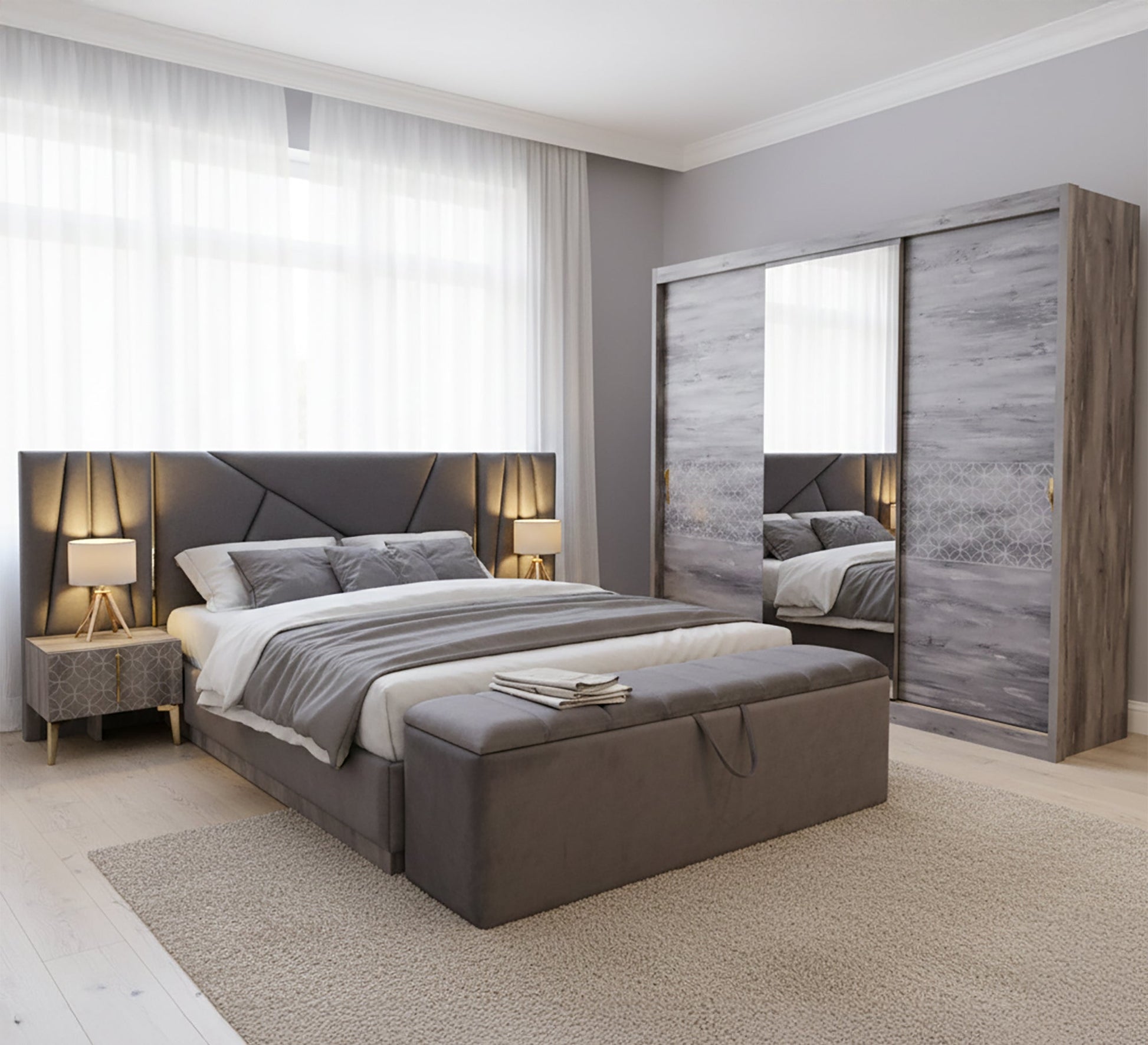 Grey paint and upholstery bedroom - Vitrine Furniture - Bed Sets