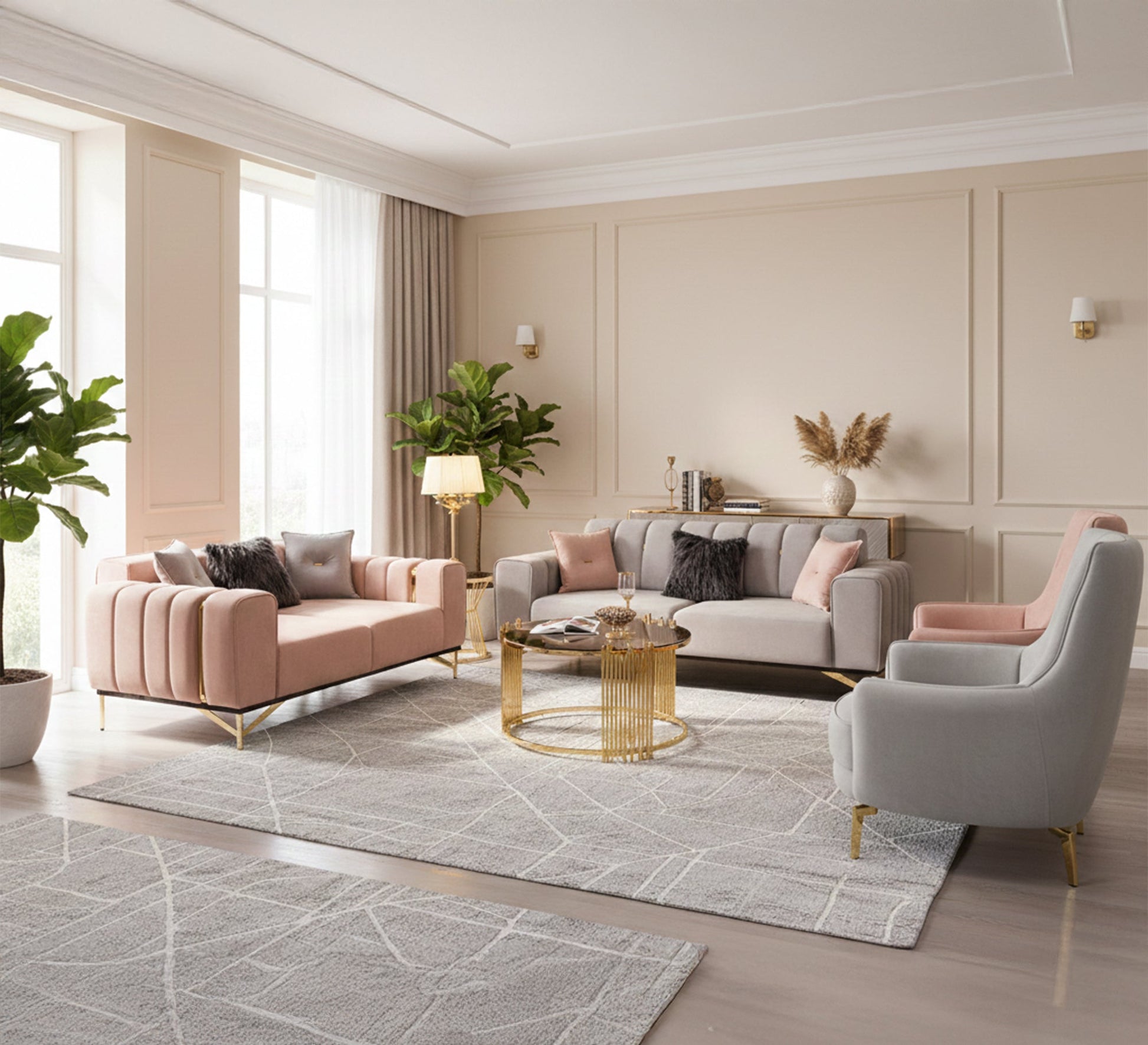 Grey * pink living room with steel legs - Vitrine Furniture - Salon Sets