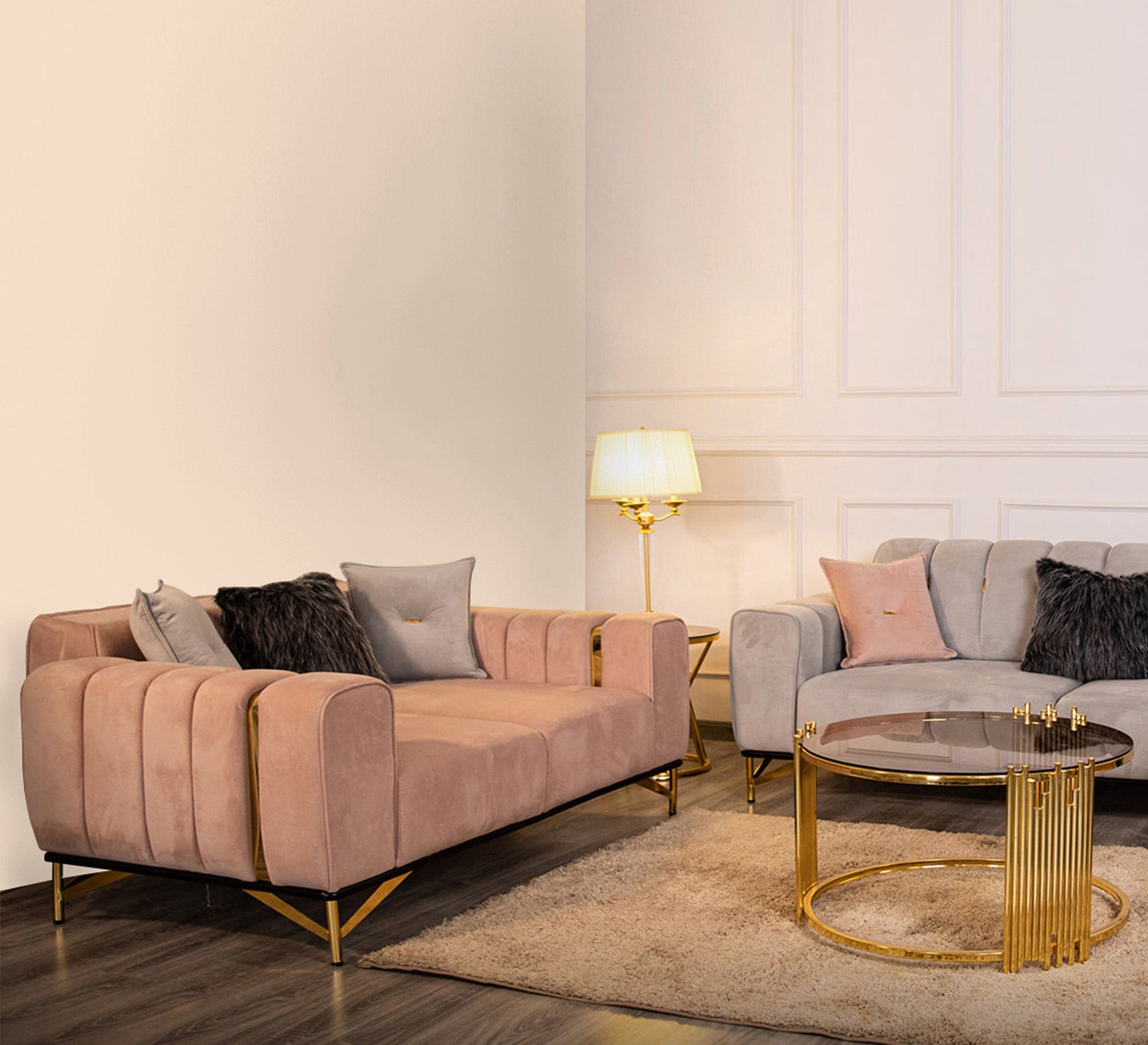 Grey * pink living room with steel legs - Vitrine Furniture - Salon Sets