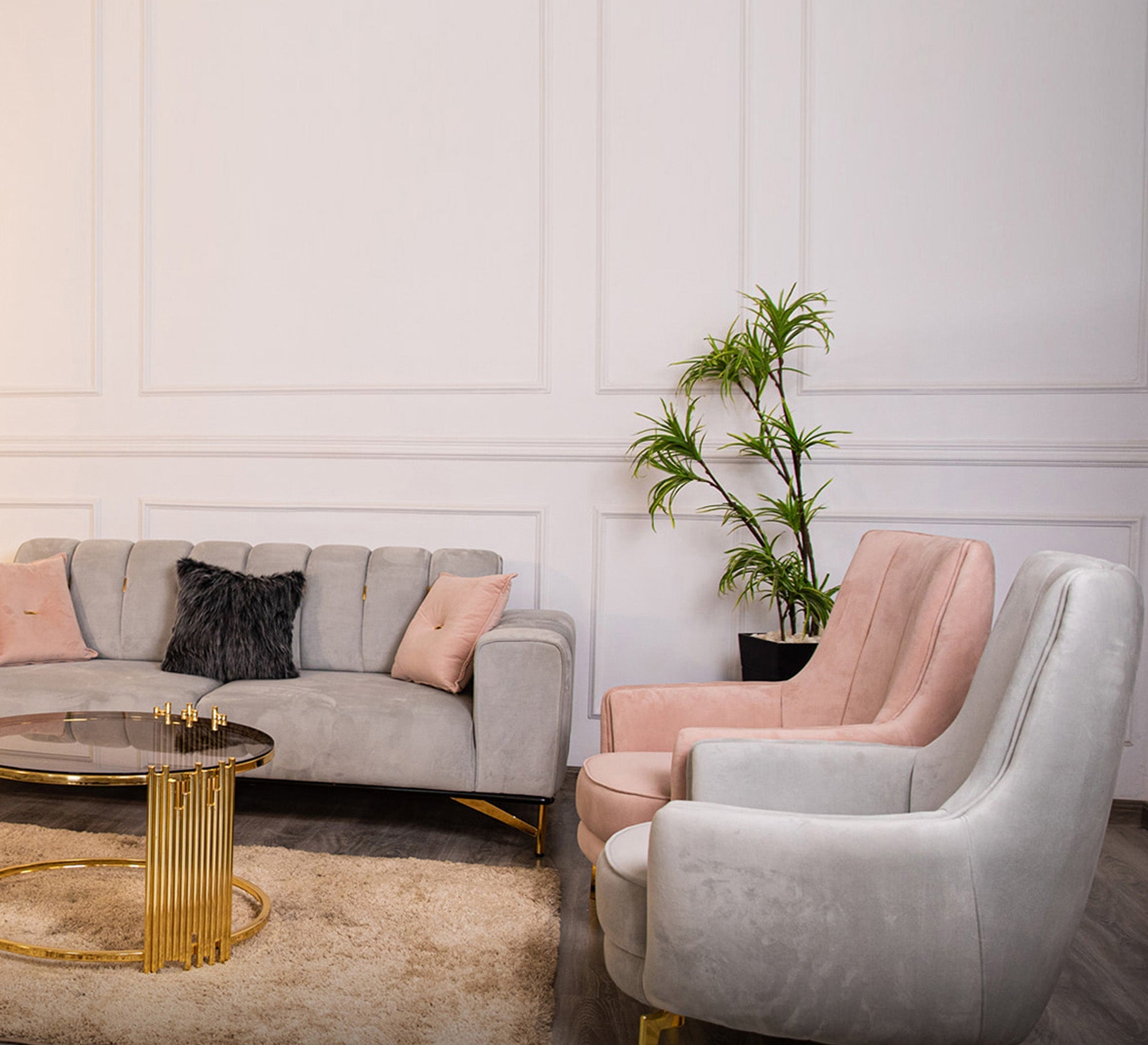 Grey * pink living room with steel legs - Vitrine Furniture - Salon Sets