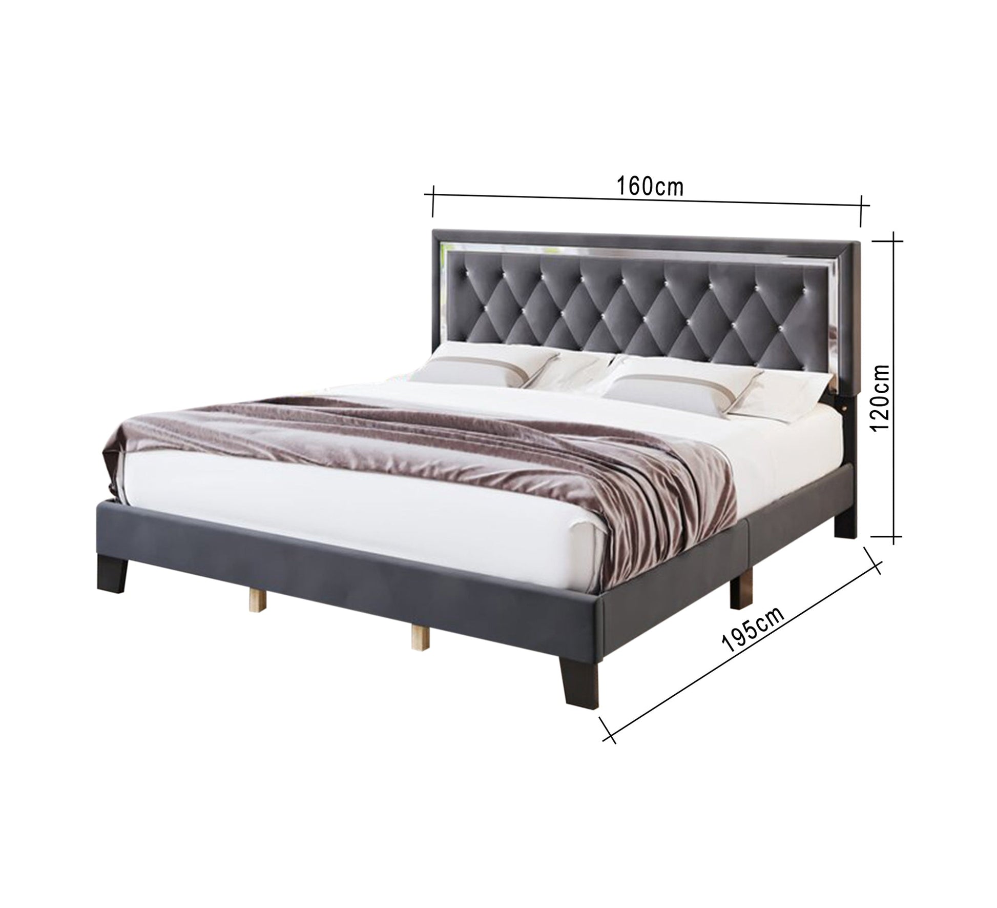 Grey upholstered bed with an ornate headboard - Vitrine Furniture - Furniture