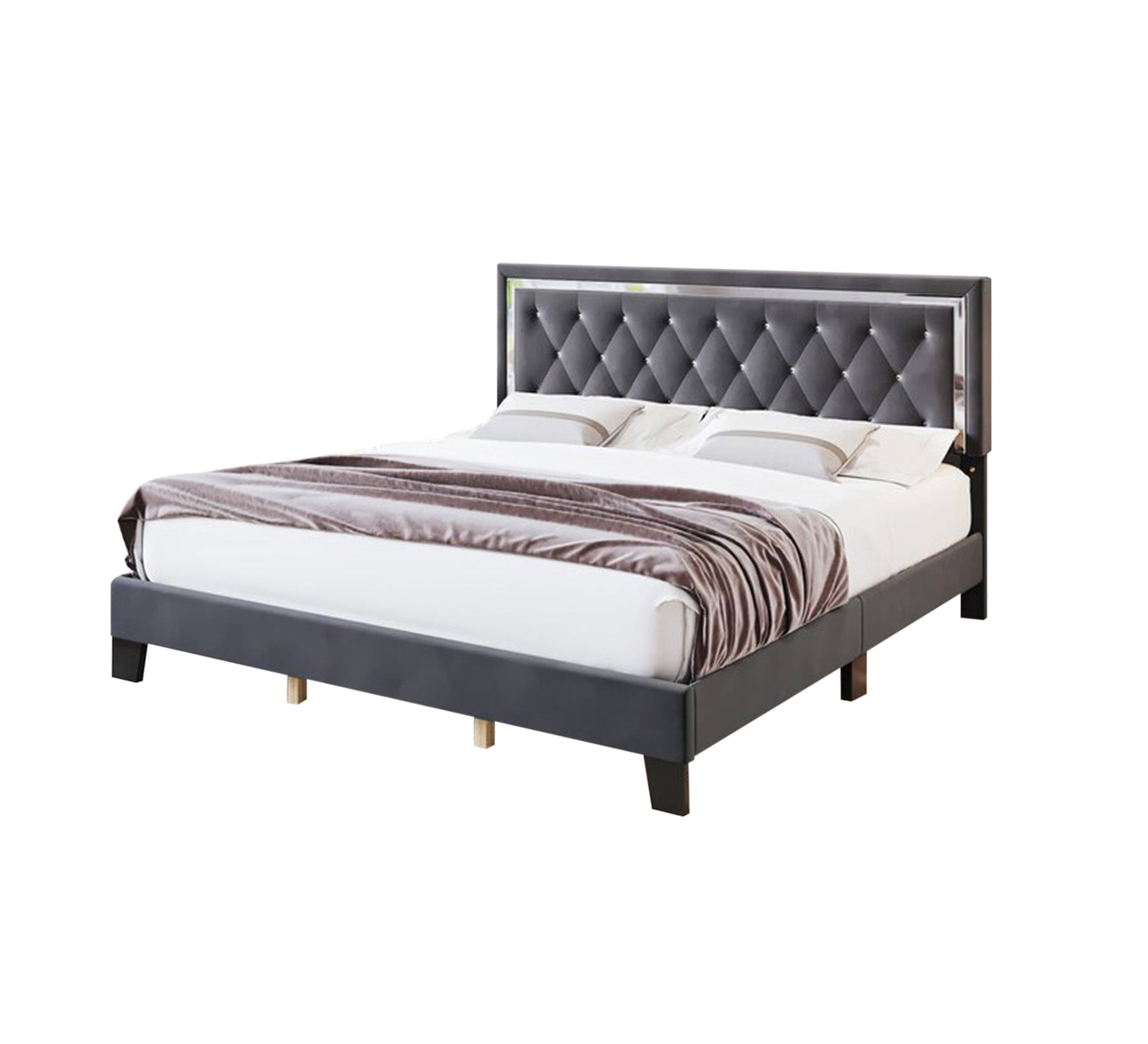 Grey upholstered bed with an ornate headboard - Vitrine Furniture - Furniture