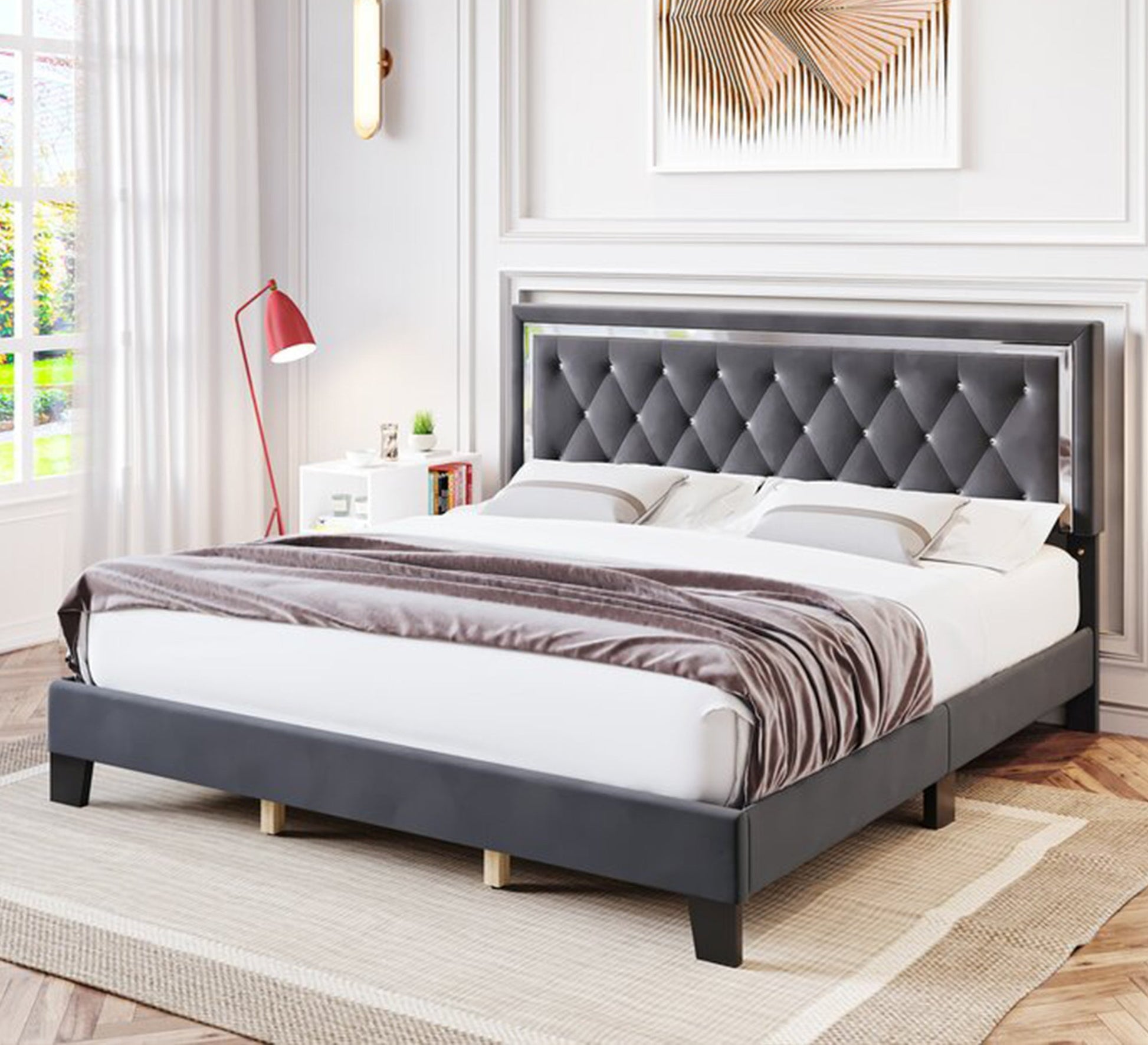 Grey upholstered bed with an ornate headboard - Vitrine Furniture - Furniture