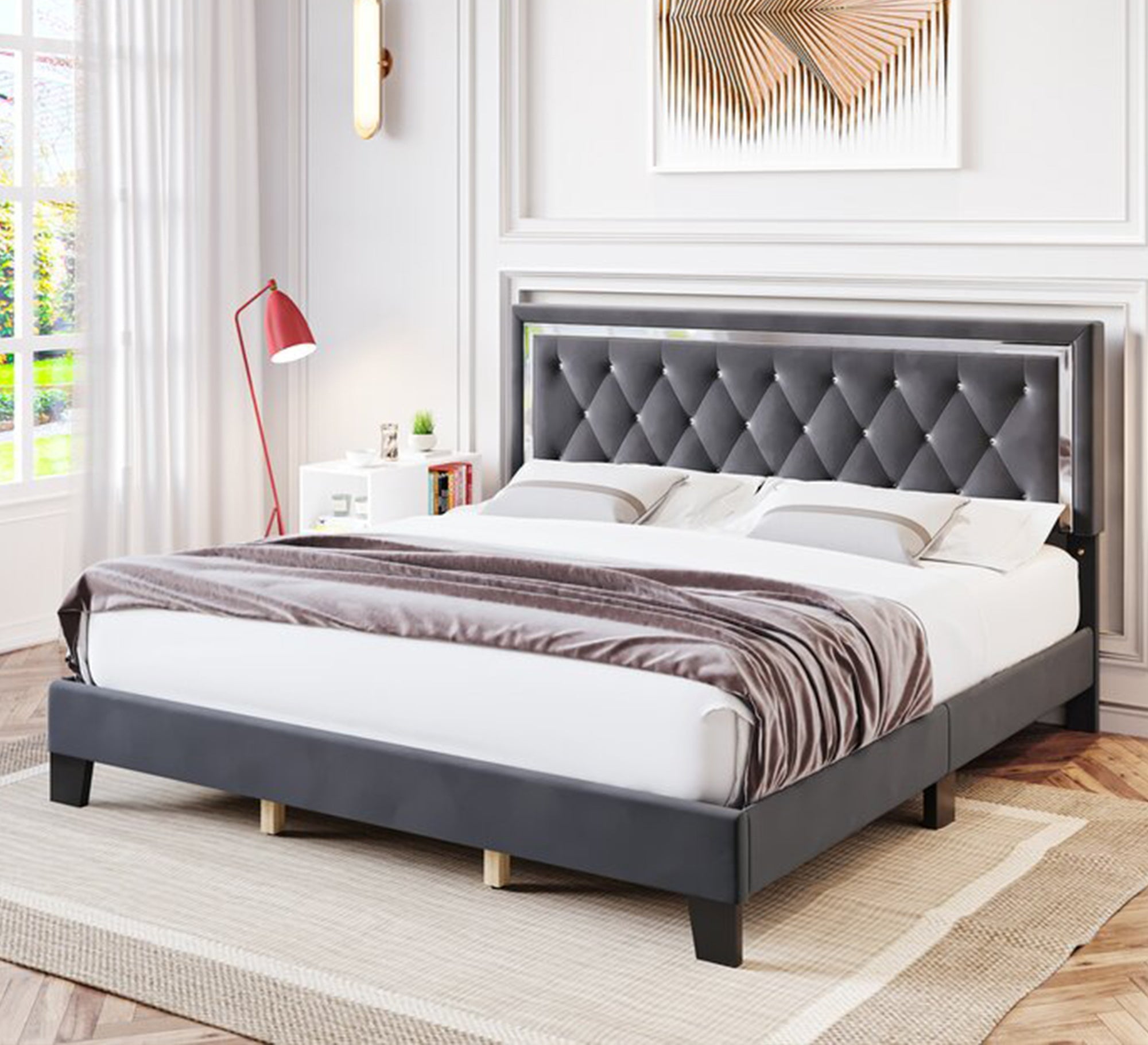 Grey upholstered bed with an ornate headboard - Vitrine Furniture - Furniture