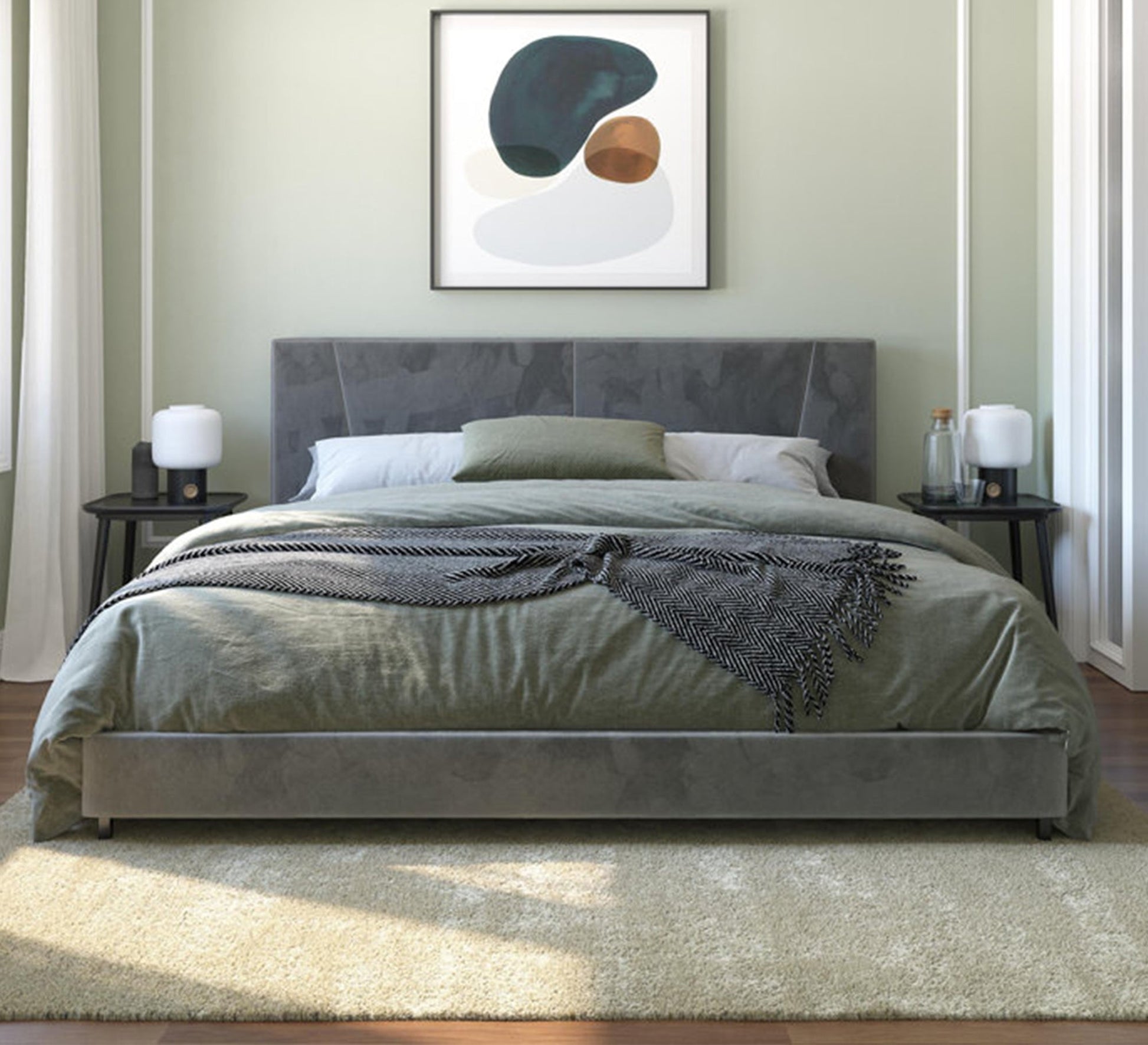 Grey velvet bed with a simple headboard - Vitrine Furniture - Furniture
