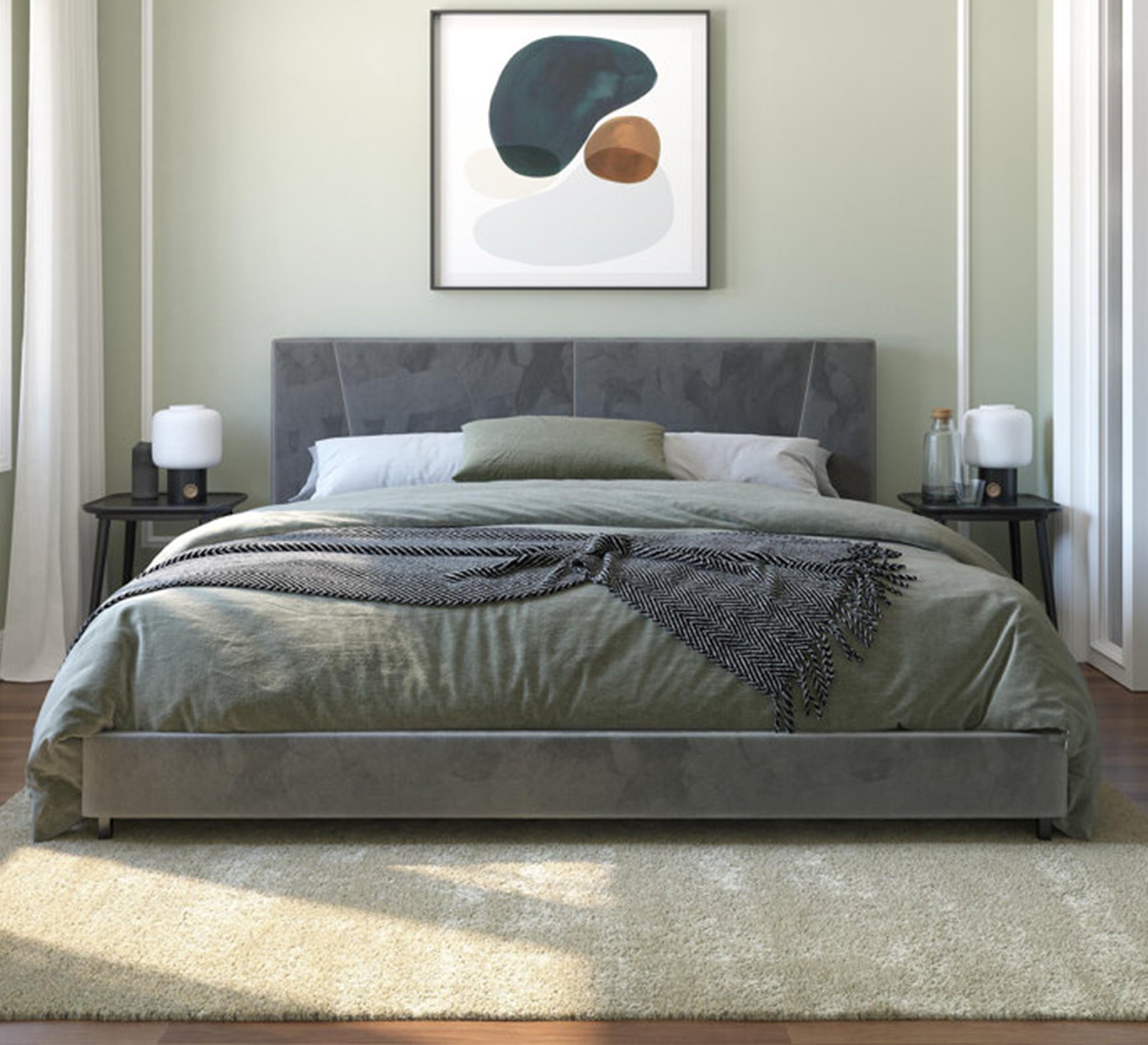 Grey velvet bed with a simple headboard - Vitrine Furniture - Furniture