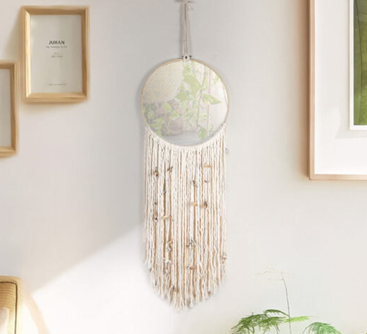 Hanging mirror with a beige macrame pendant - Vitrine Furniture - Mirrors