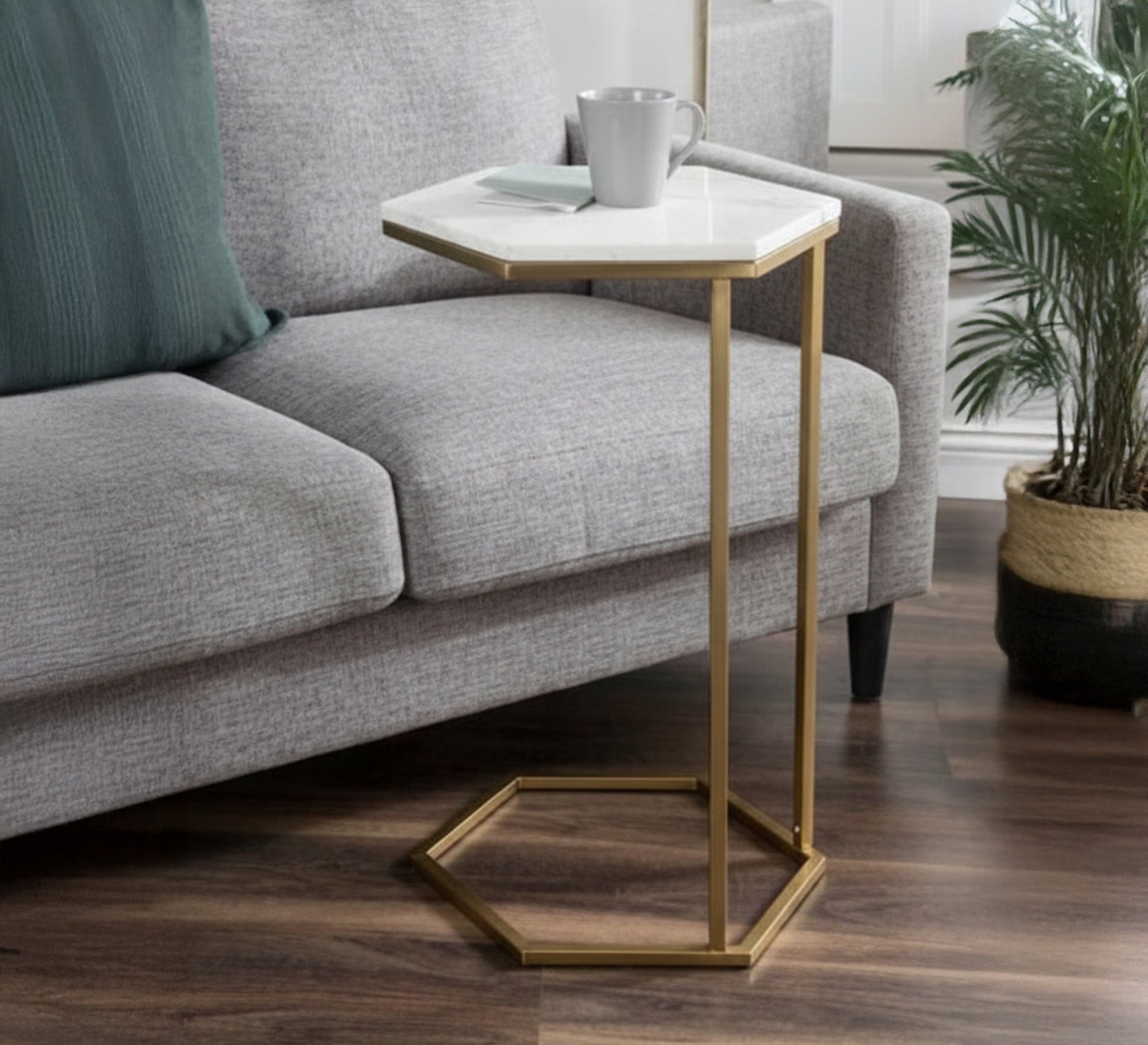 Hexagonal marble side table with a gold frame - Vitrine Furniture - Furniture