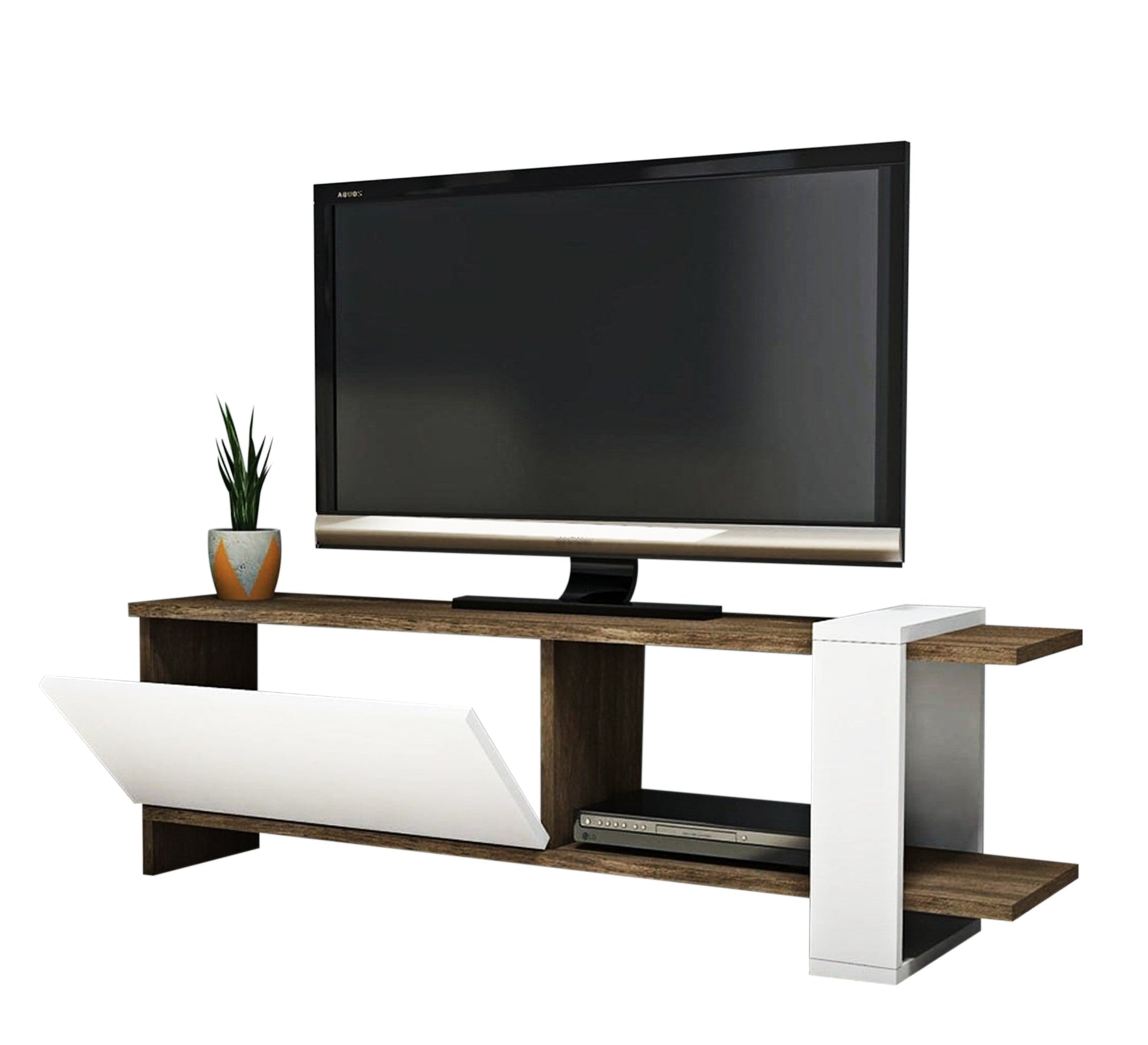 Home Elegance: Sleek White & Dark Brown TV Table - Vitrine Furniture - Furniture