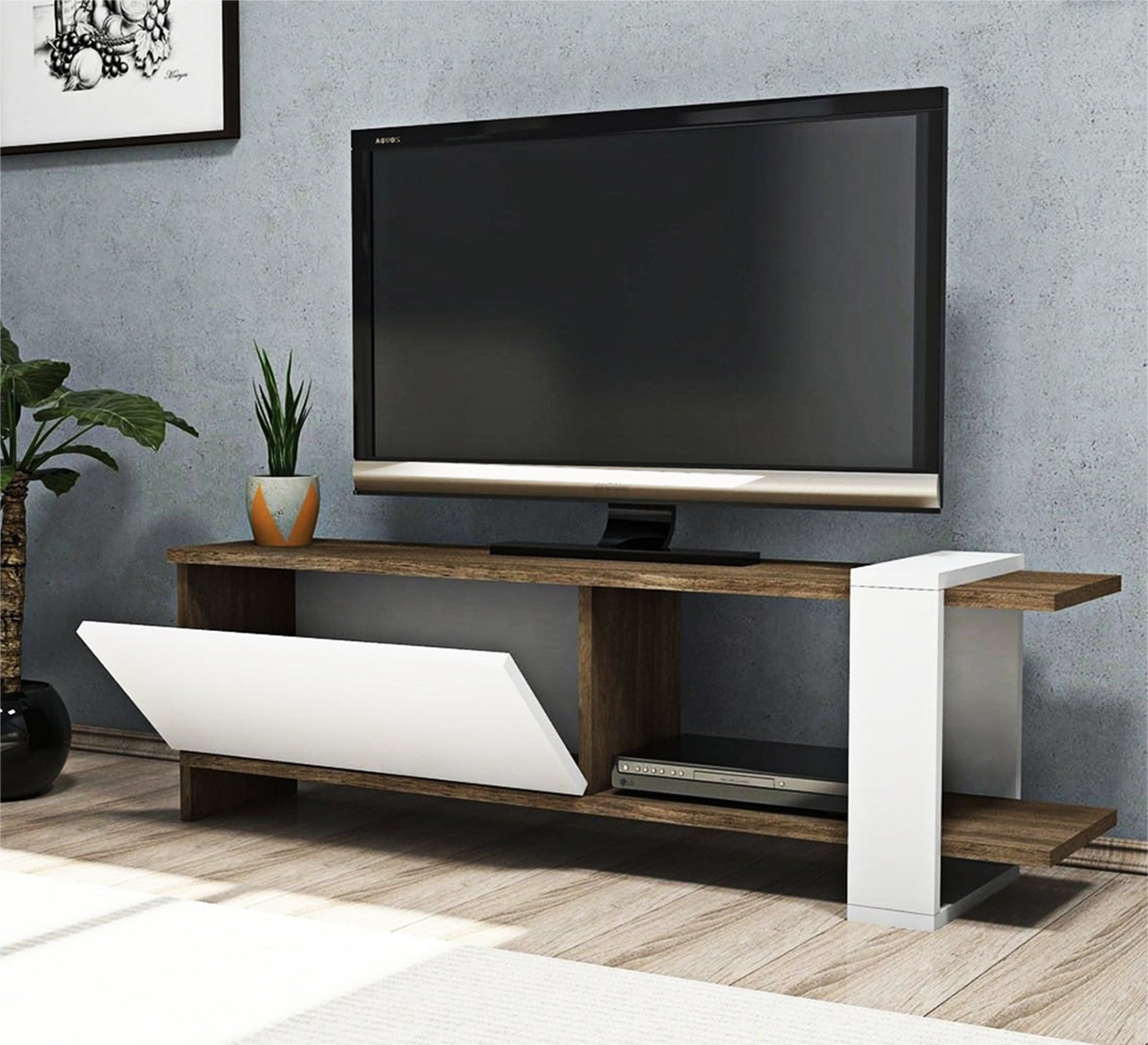 Home Elegance: Sleek White & Dark Brown TV Table - Vitrine Furniture - Furniture