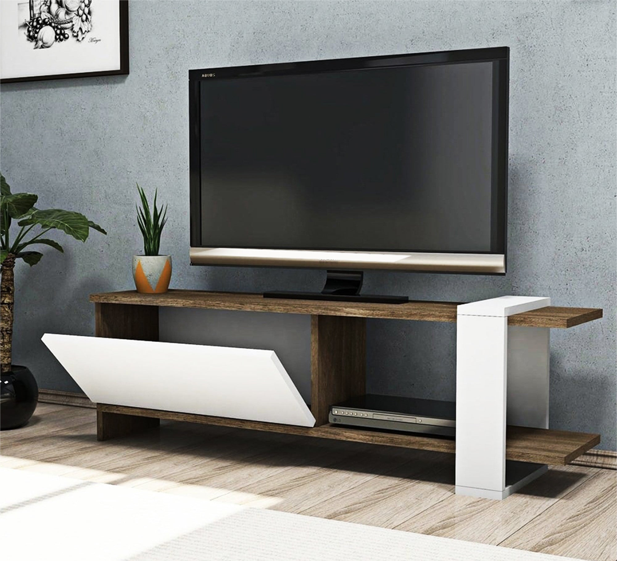 Home Elegance: Sleek White & Dark Brown TV Table - Vitrine Furniture - Furniture