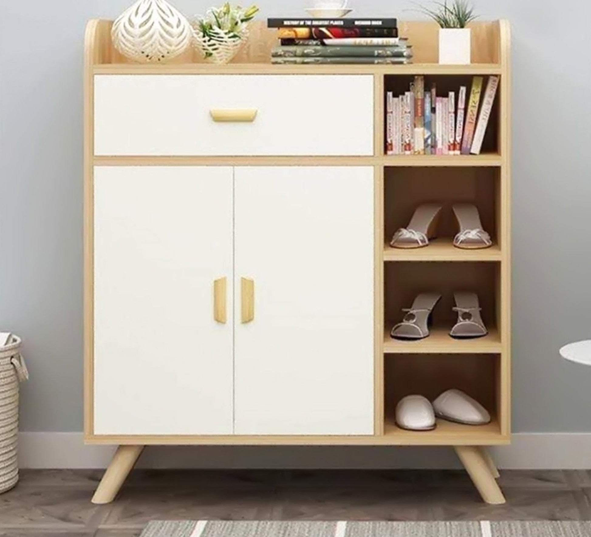 Home Style White Shoe Cabinet with Sleek Side Shelves - Vitrine Furniture - Shoe Racks