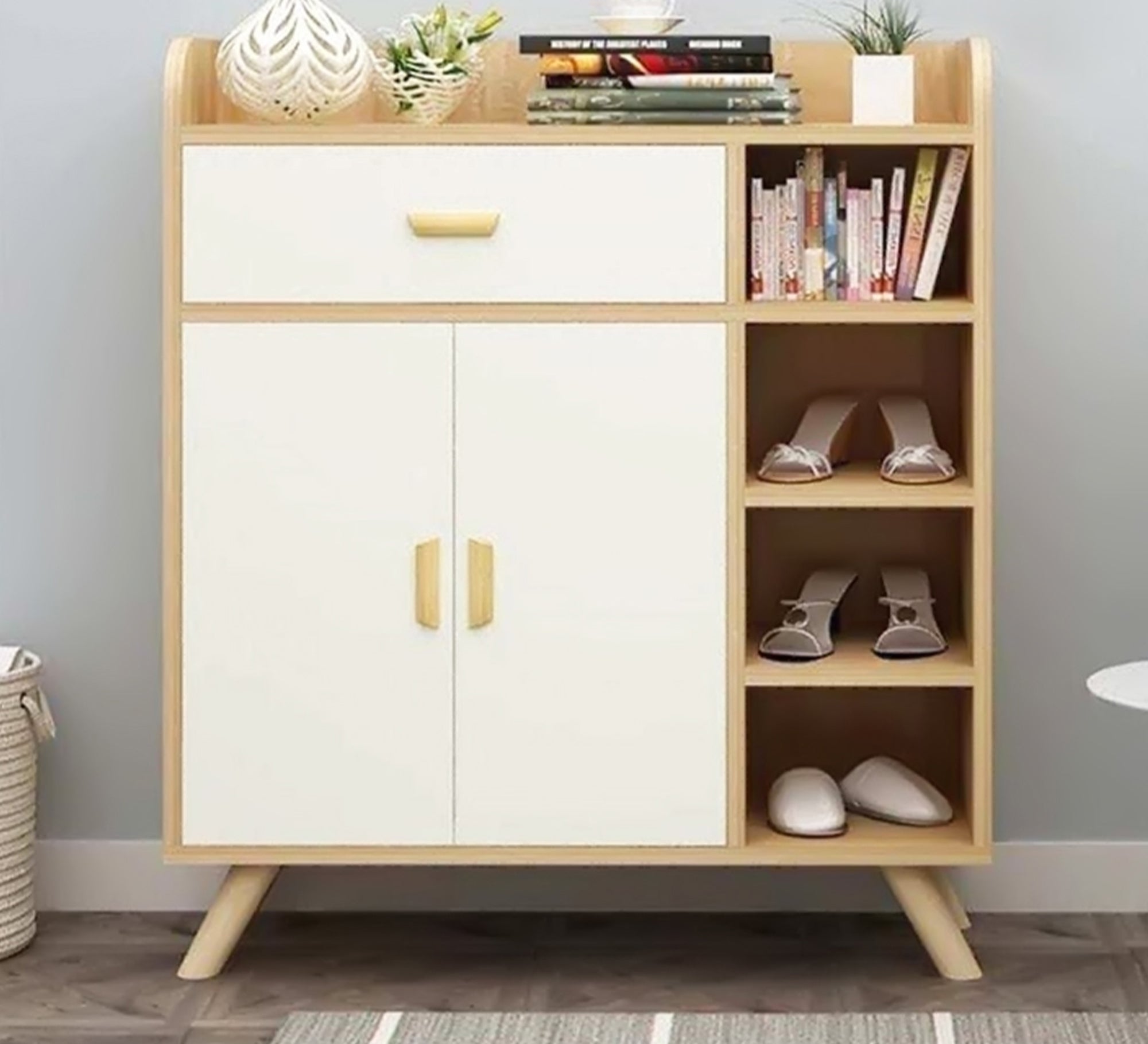 Home Style White Shoe Cabinet with Sleek Side Shelves - Vitrine Furniture - Shoe Racks