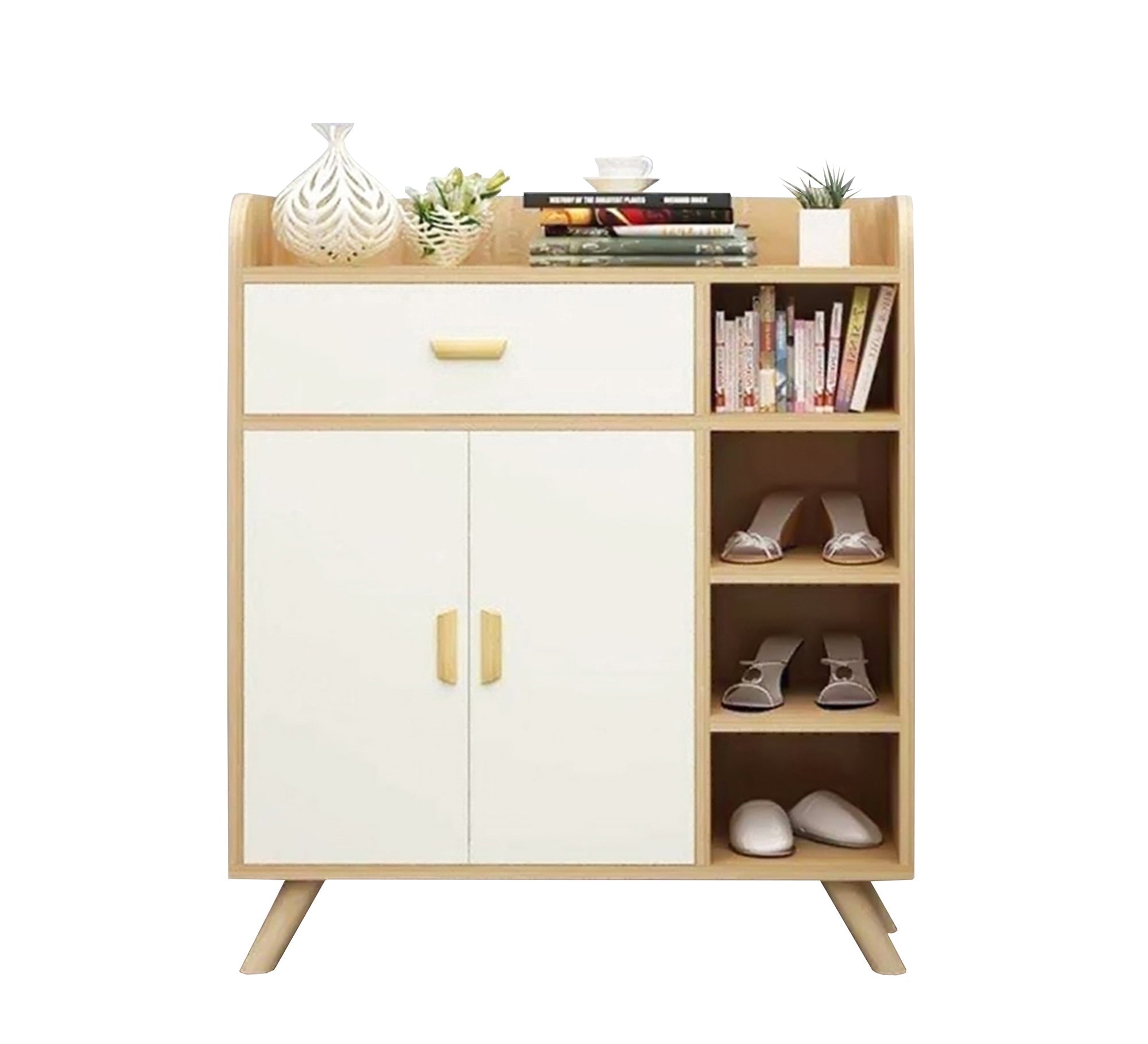 Home Style White Shoe Cabinet with Sleek Side Shelves - Vitrine Furniture - Shoe Racks