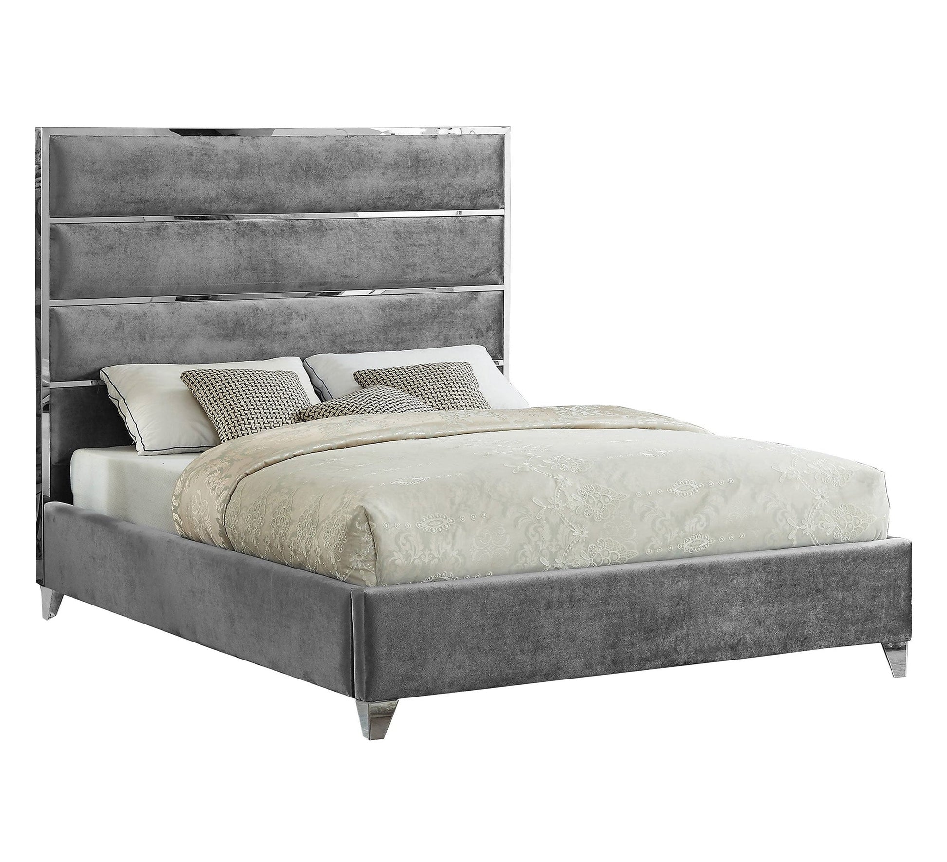 Horizontal upholstered bed decorated with silver steel stripes - Vitrine Furniture - Furniture