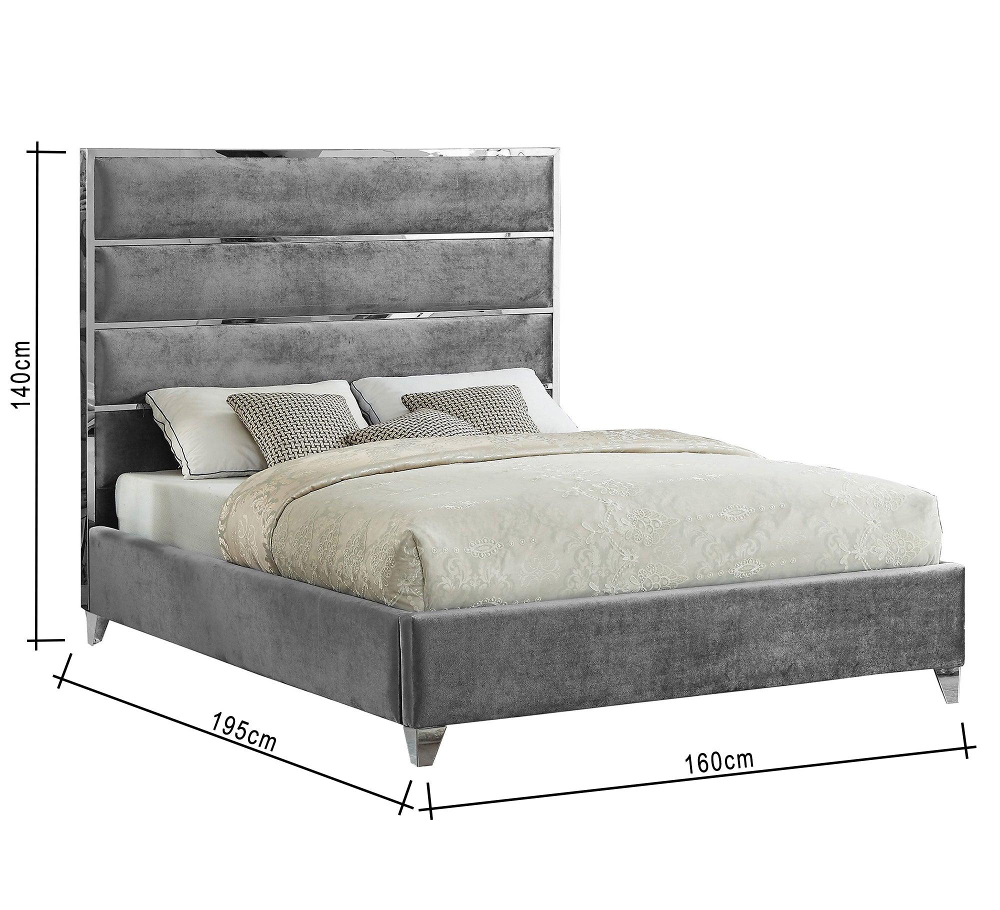 Horizontal upholstered bed decorated with silver steel stripes - Vitrine Furniture - Furniture