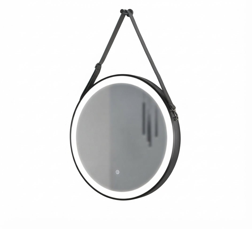 Illuminated round mirror with a leather hanging strap - Vitrine Furniture - Mirrors