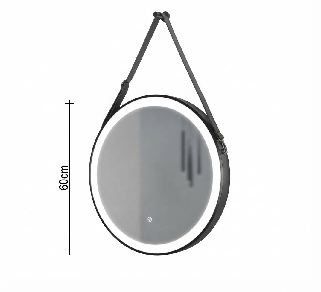Illuminated round mirror with a leather hanging strap - Vitrine Furniture - Mirrors