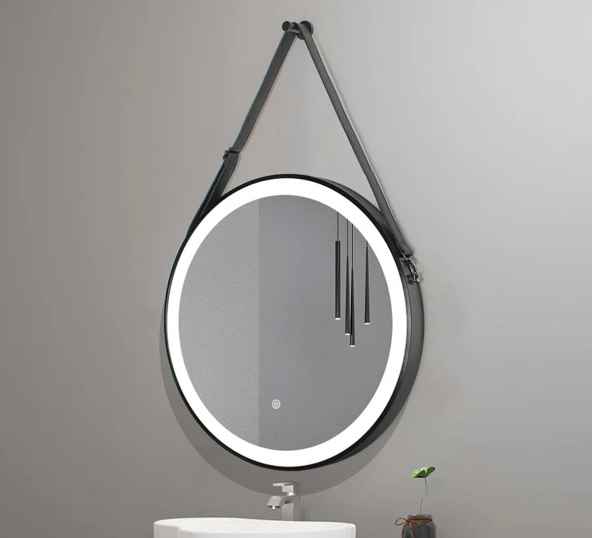Illuminated round mirror with a leather hanging strap - Vitrine Furniture - Mirrors