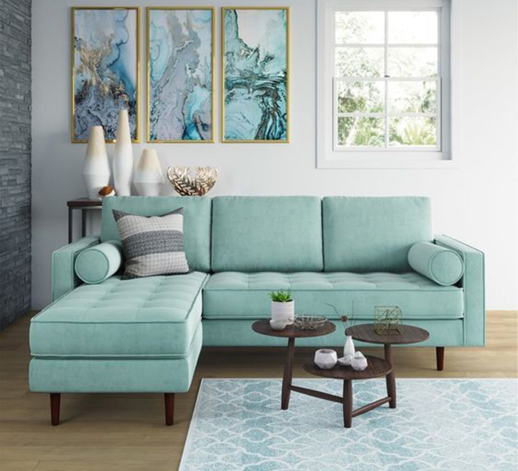 Its corner is the letter L, brown with capotonite beads at the base - Vitrine Furniture - L - shape sofa set