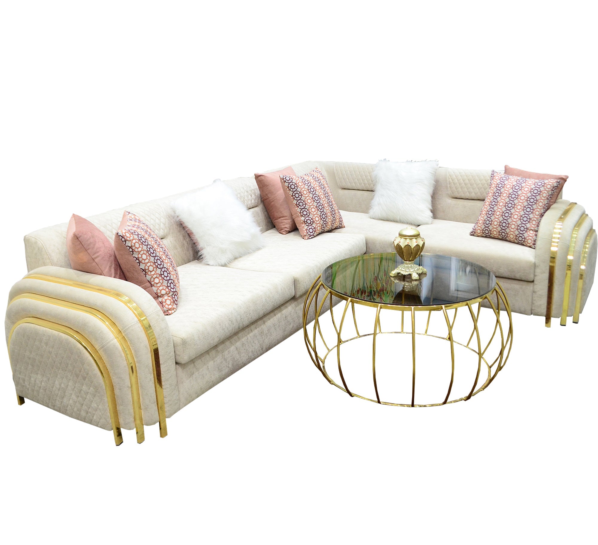 Ivory Dreams White Corner with Sleek Steel Ornaments - Vitrine Furniture - Living room sets