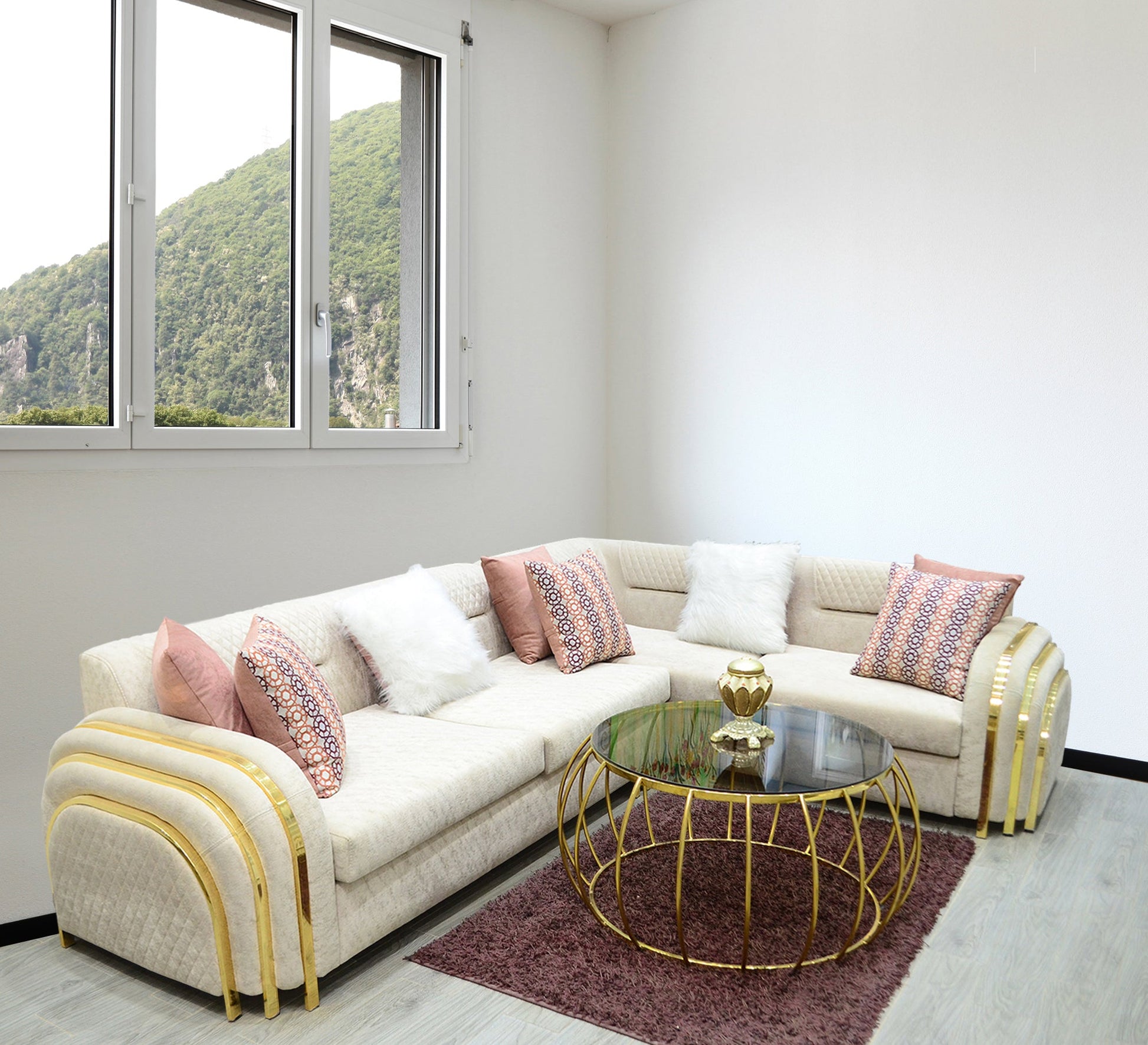 Ivory Dreams White Corner with Sleek Steel Ornaments - Vitrine Furniture - Living room sets