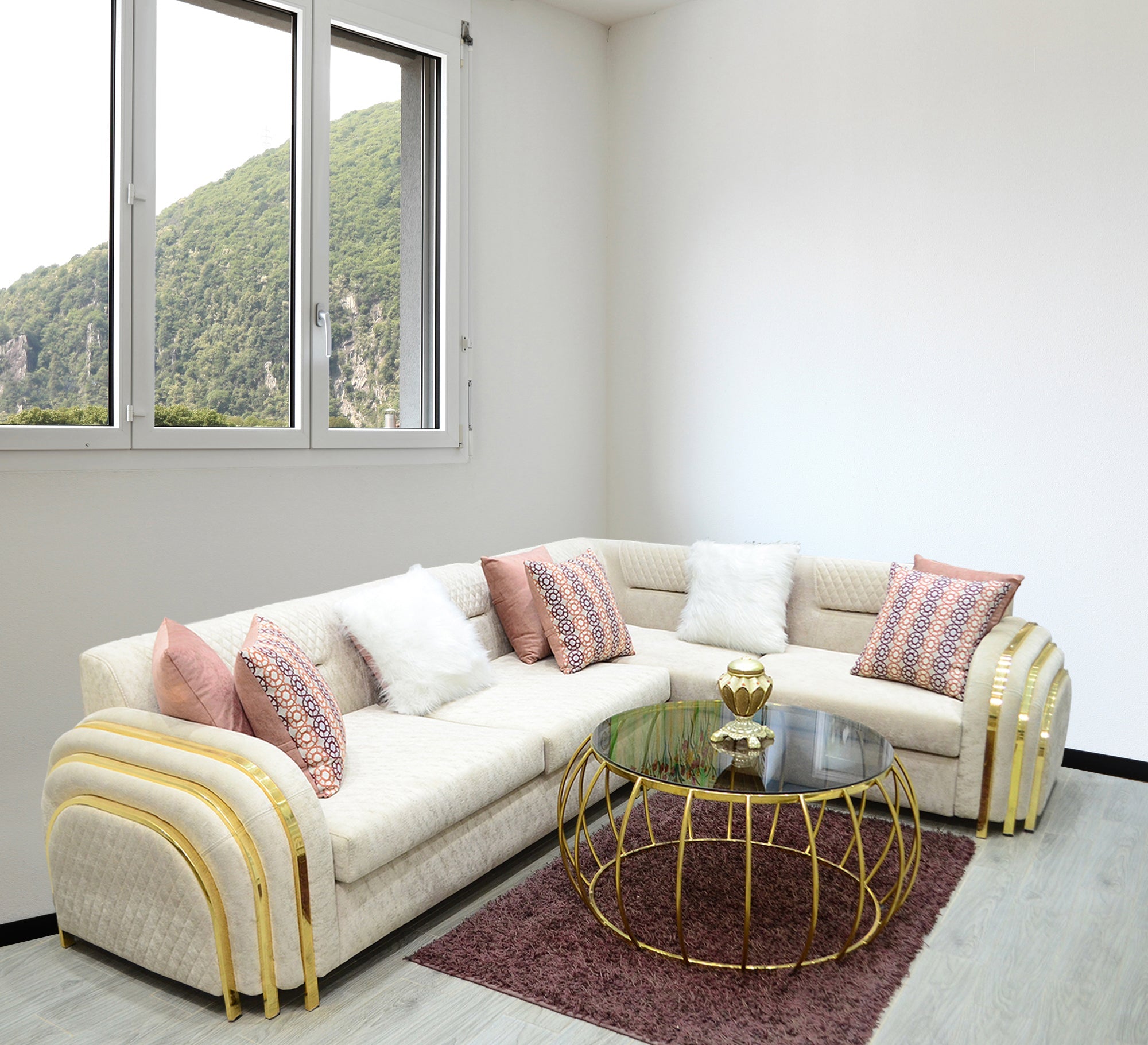 Ivory Dreams White Corner with Sleek Steel Ornaments - Vitrine Furniture - Living room sets