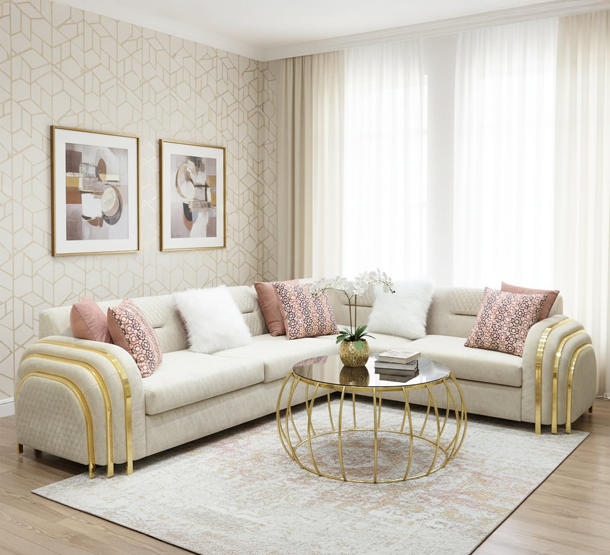 Ivory Dreams White Corner with Sleek Steel Ornaments - Vitrine Furniture - Living room sets