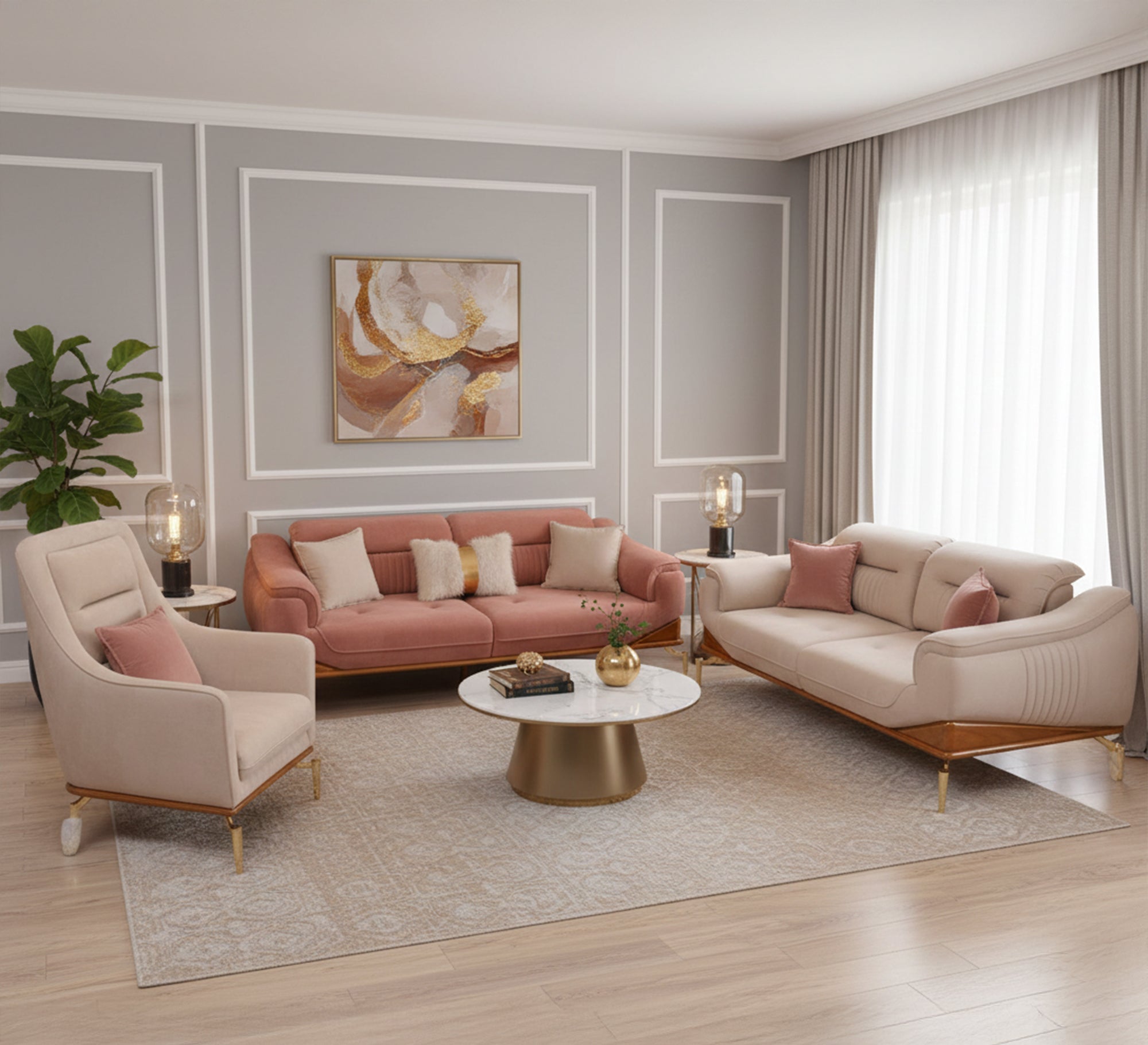 Ivory white and light pink salon - Vitrine Furniture - Salon Sets