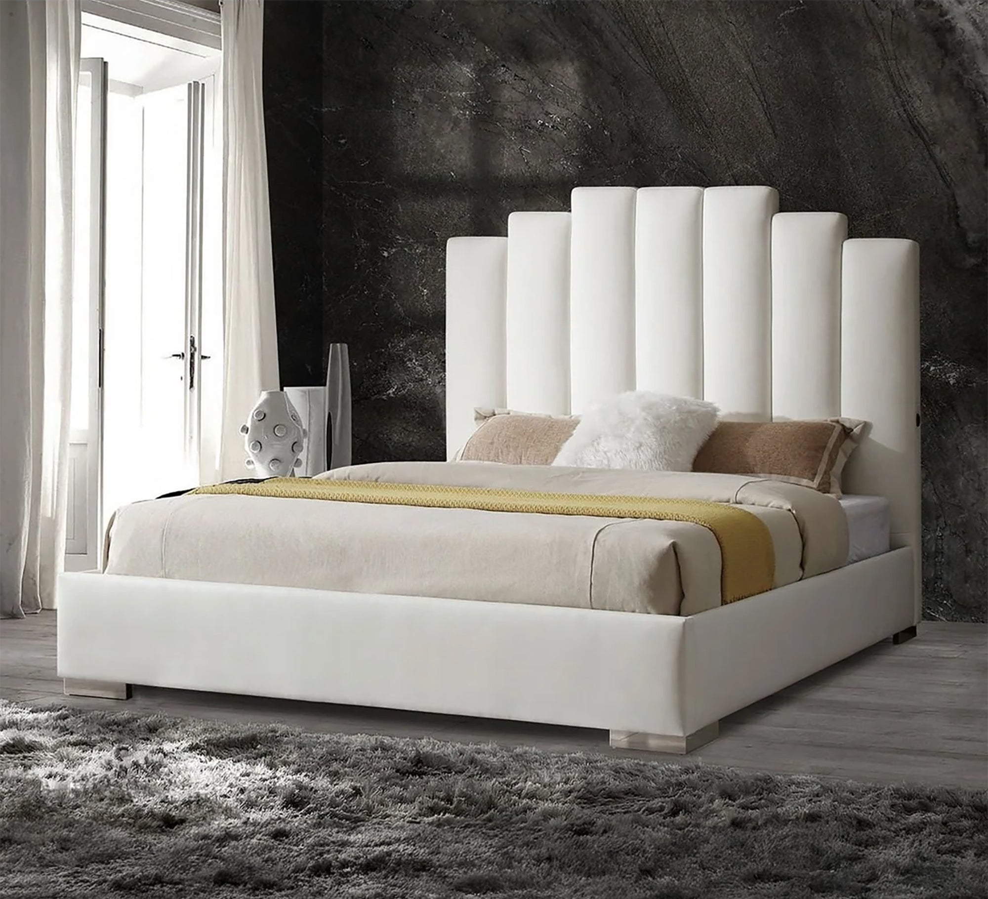Ivory white bed with scalloped headboard - Vitrine Furniture - Furniture