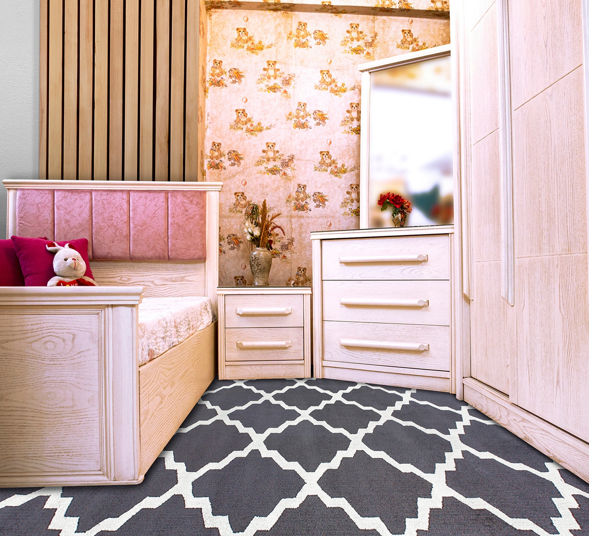 Junior bedroom with beige wood grain - Vitrine Furniture - Kids Rooms