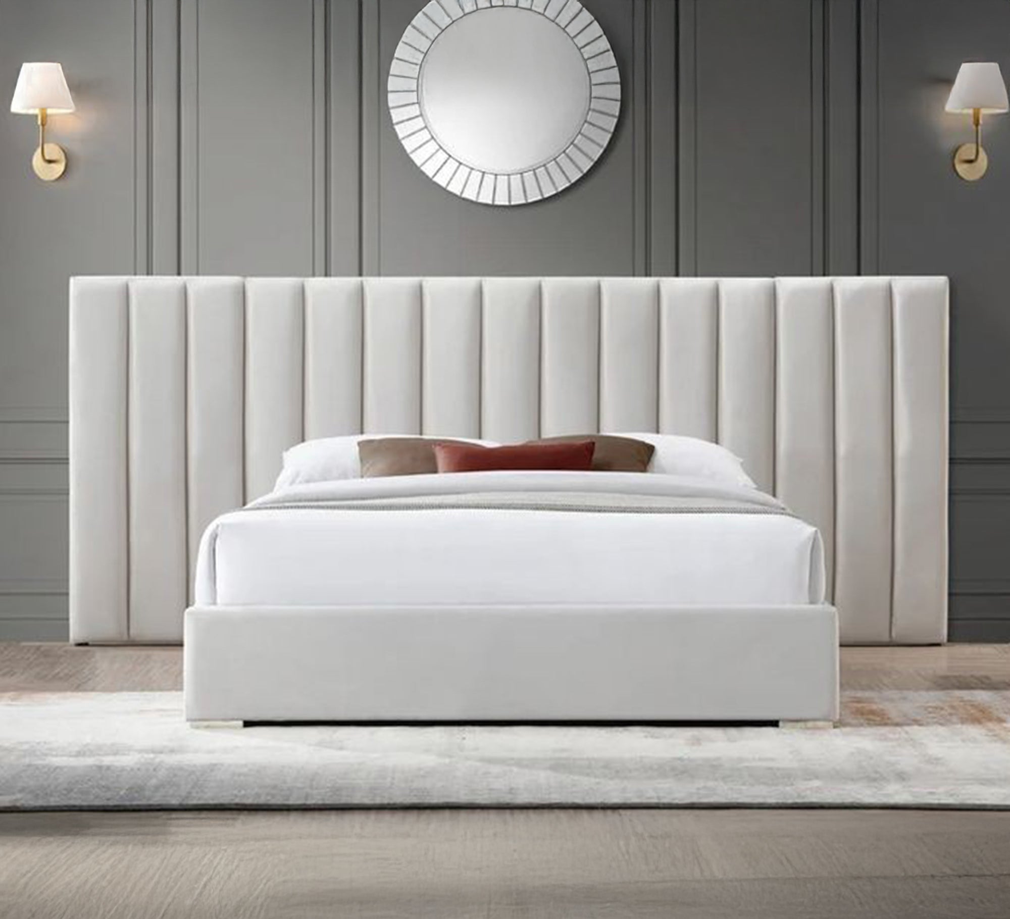 King size white bed with a high capitone headboard, divided lengthwise into two - Vitrine Furniture - Furniture