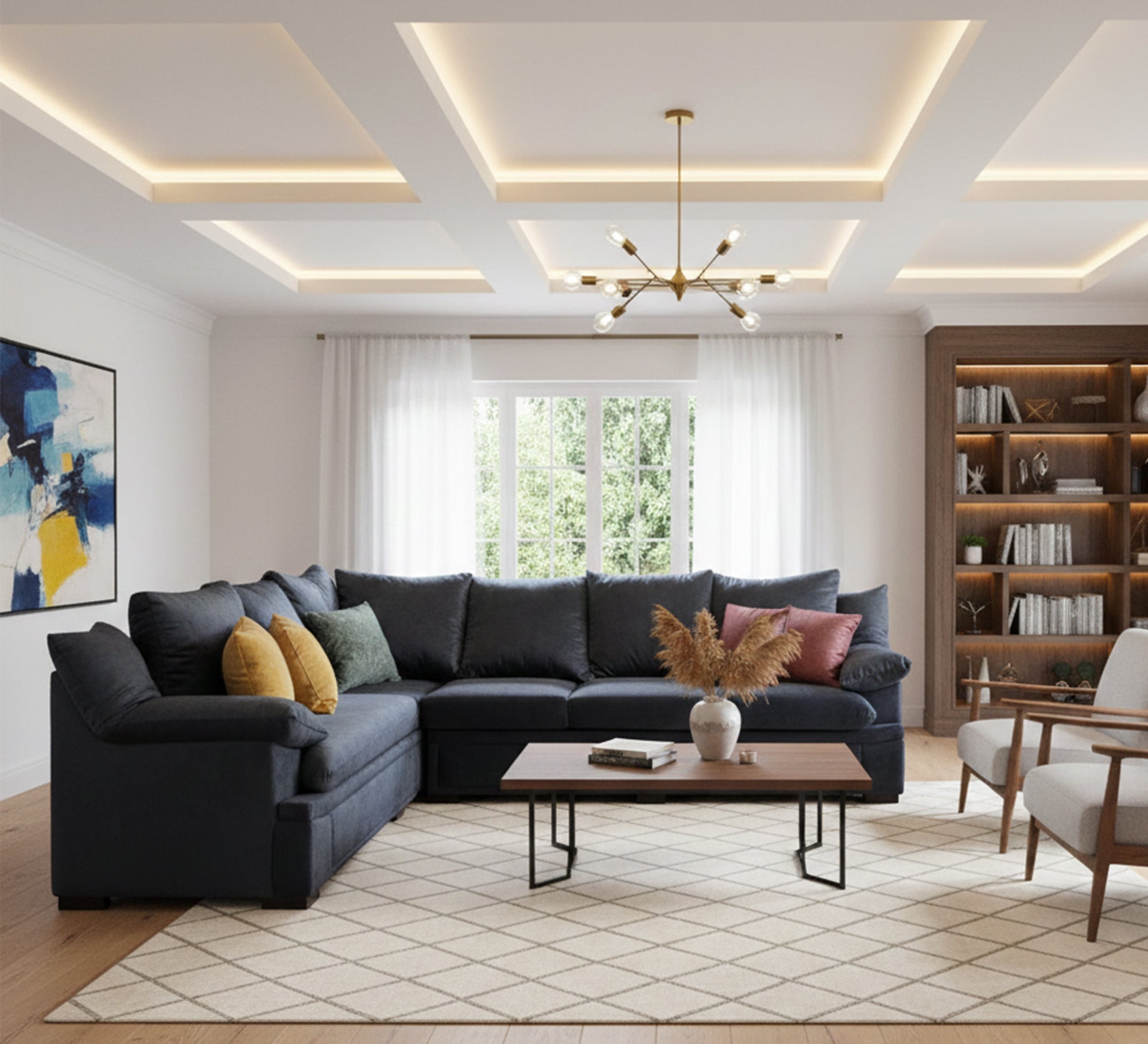 L - shape blue living room Corner - Vitrine Furniture - L - shape sofa set