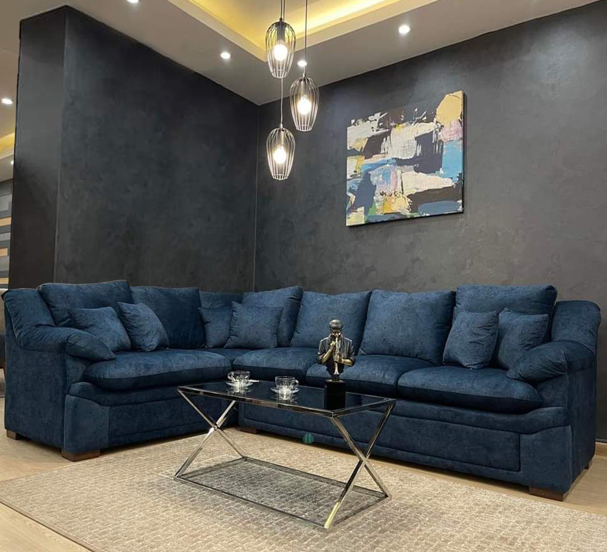 L - shape blue living room Corner - Vitrine Furniture - L - shape sofa set