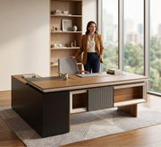 L - shaped executive desk with a white frame and storage unit - Vitrine Furniture - Desks