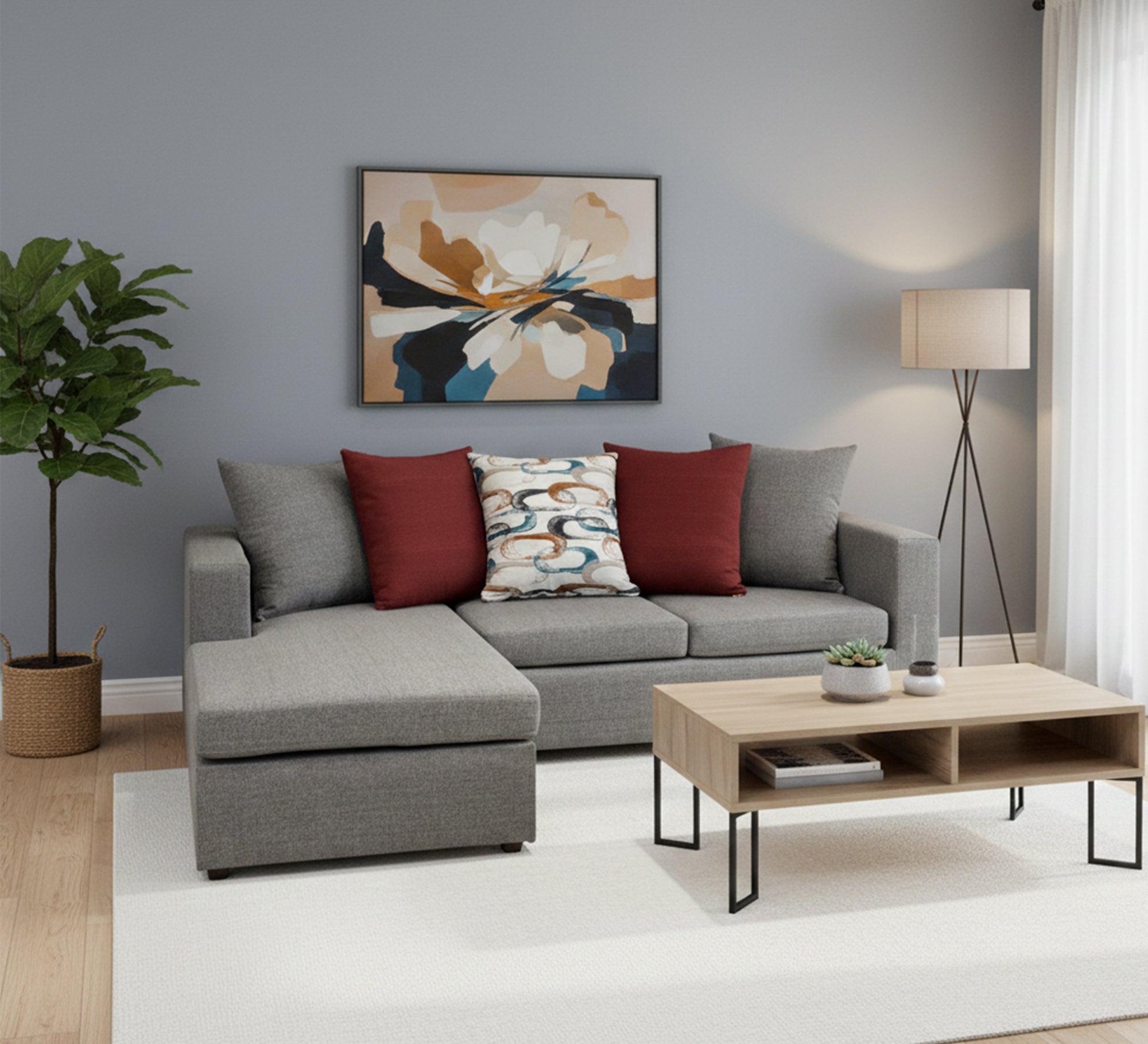 L - Shaped Grey & Burgundy Cozy Corner - Vitrine Furniture - L - shape sofa set